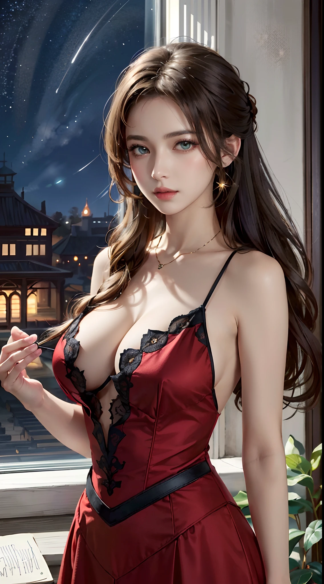 Trends on ArtStation, Trends on CGSociety, Intricate, High Detail, Sharp Focus, f 1.8, Dramatic, starry night sky, Aerith Gainsborough of Final Fantasy, Aerith's original Final fantasy 7 costume, 25 years old, mature looking, Realistic Art of Drawing by Midjourney and Greg Rutkowski, Sketch, Masterpiece, Best Quality, Very Detailed, 1female, Half-body, head to bust image scope, close-up shot, beautiful red dress, standing position, Beautiful Meticulous Eyes, Cute Face, Bust, big bossoms, Beautiful Meticulous Face, White Hair, (Botanical Illustration: 1.5), no pornographical exposure, bigger breasts