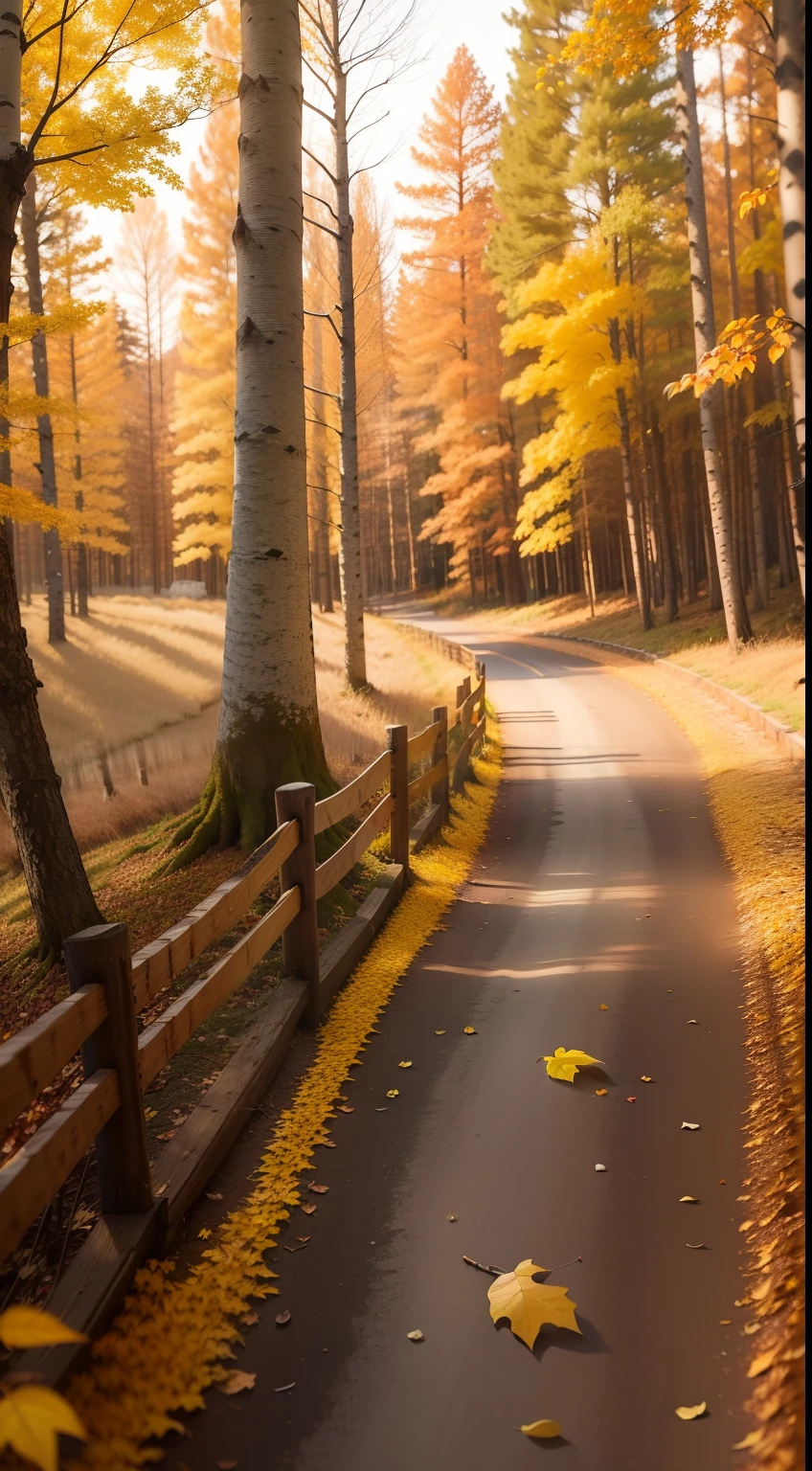 autumnal, the setting sun, In the woods,Birch,White bark, Yellow leaves,The ground is covered with fallen leaves, There are small squirrels on the ground,Boardwalk,Bright environment, Colorful sky,Natural scenery, real footage, Camera shot,f/1.2 Wide angle lens,Low camera position,--q 2