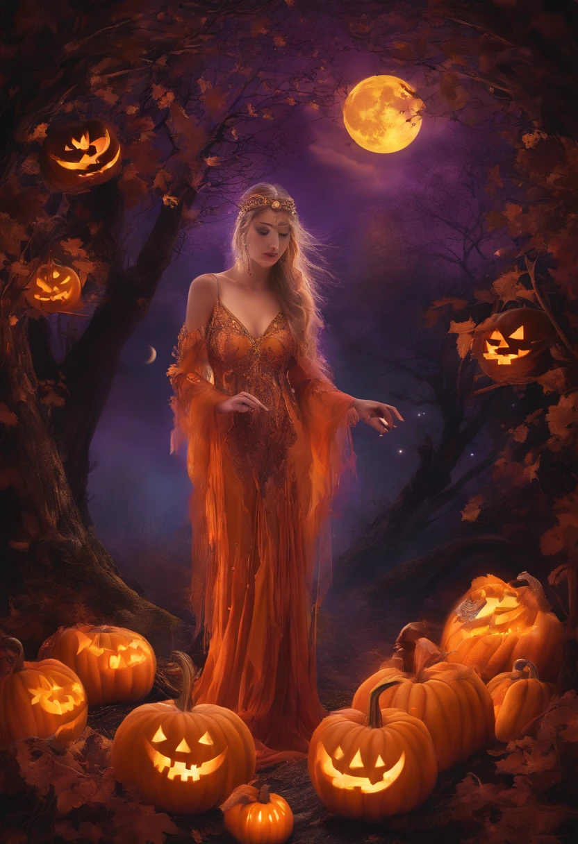 "(best quality, highres, ultra-detailed), The goddess of Halloween casting mystical glowing spells in a haunted forest, orange and purple hues, portraits, vivid colors, extreme detail description, sharp focus, physically-based rendering, studio lighting, horror, witch, magical, eerie atmosphere, swirling fog, ethereal glow, ancient trees, twisted branches, glowing pumpkins, moonlit sky, mysterious shadows, spellbinding, enchanting, hauntingly beautiful"