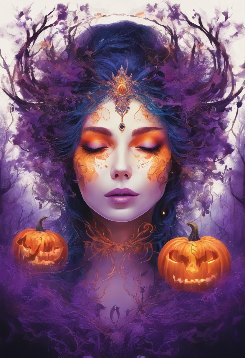 "(best quality, highres, ultra-detailed), The goddess of Halloween casting mystical glowing spells in a haunted forest, orange and purple hues, portraits, vivid colors, extreme detail description, sharp focus, physically-based rendering, studio lighting, horror, witch, magical, eerie atmosphere, swirling fog, ethereal glow, ancient trees, twisted branches, glowing pumpkins, moonlit sky, mysterious shadows, spellbinding, enchanting, hauntingly beautiful"
