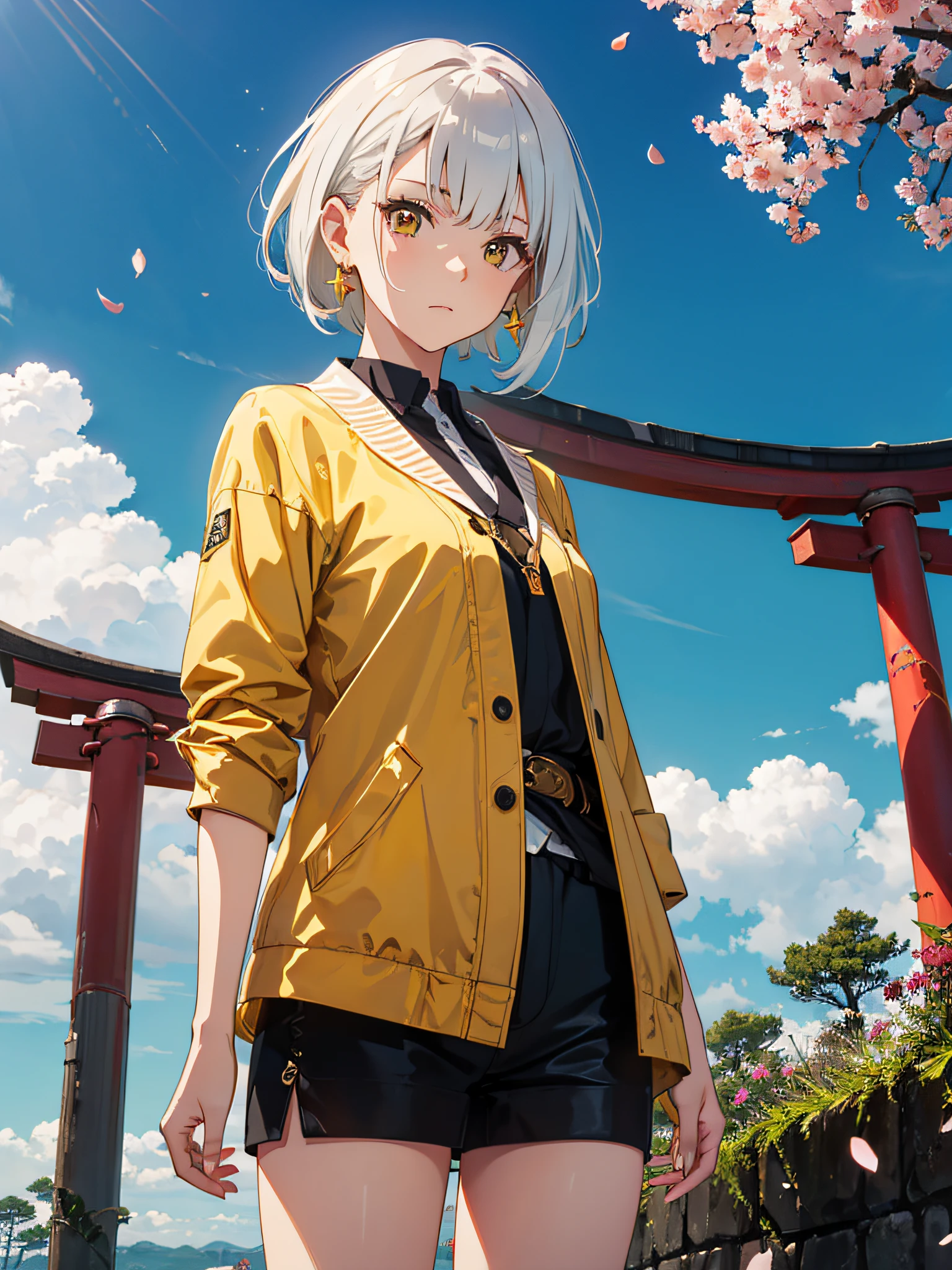 Girl with short white hair, yellow cat eyes, white jacket with small golden details, short white shirt, short white shorts, serious face, golden earrings, golden details in her clothes, extremely elegant, BREAK, sky, torii sanctuary gate, expansive blue sky, perfect clouds, moving wind, sakura petals, (ultra-realistic), {extremely detailed 8k CG unit wallpaper}, expansive landscape photography, (a view from below that prioritizes character and elegance of the sky above, wide open field view), (low angle shot), (high light: 1.4), (low light: 1.5), (warm light source: 1.5), complex details, (colors iridescent: 1.7), (bright lighting), (atmospheric lighting), dreamy, elegant, magical, majestic