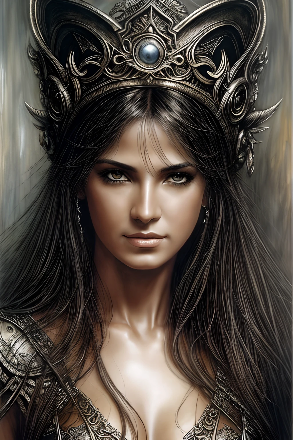 "Crie um retrato de uma mulher chorando sangue inspirado no artista Luis Royo. Emule o estilo único de Royo, capturando detalhes intrincados, e um toque de fantasia. Ensure that the portrait embodies the essence of Luis Royo's art."