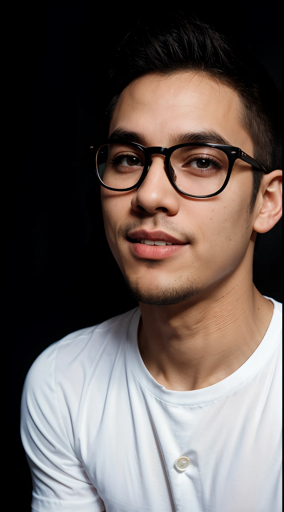 RAW Photo, DSLR BREAK
(kkw-ph1:0.9) BREAK
half body portrait of ung 20yo man, black hair, wearing white t shirt, wearing black rayban eyeglasses, perfect eyes, black eyes, perfect lips, shaved, with goatee, perfect nose, professional color graded, wonderful man, dark background, cute man, smiling, filipino, pinoy, philippines