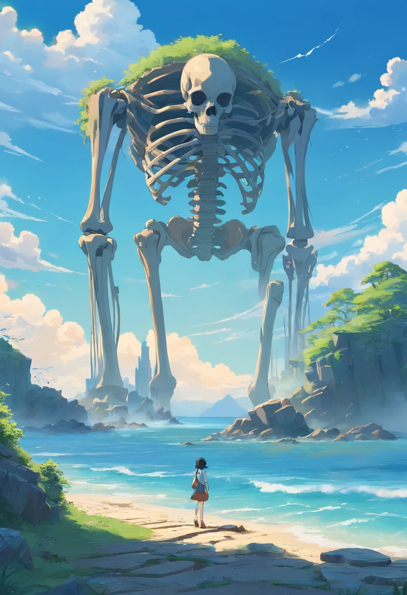 Stand on the island of the skeleton of the giant beast and look out from afar，The distant archipelago is scattered，There are ruins on the island，The sky is cloudy，ancient ruins background，Behemoth skeletons，