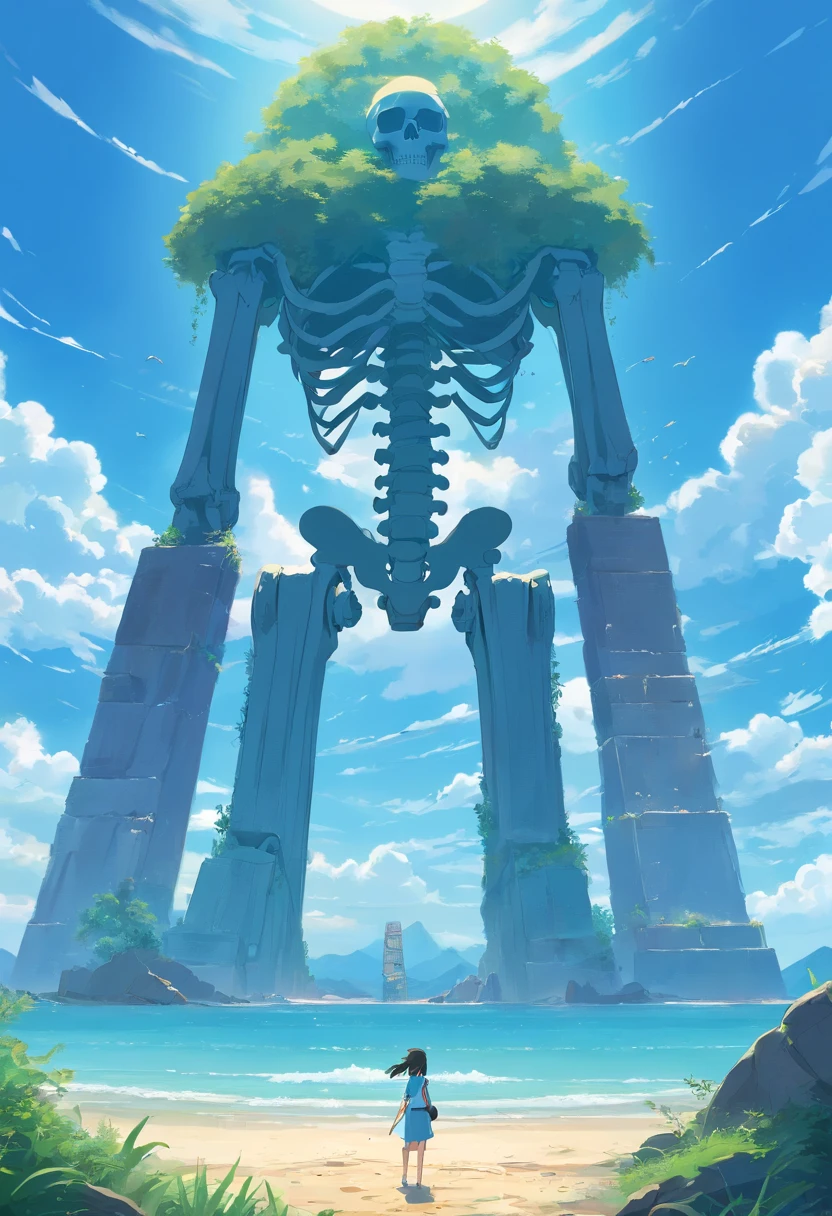 Stand on the island of the skeleton of the giant beast and look out from afar,The distant archipelago is scattered,There are ruins on the island,The sky is cloudy,ancient ruins background,Behemoth skeletons,