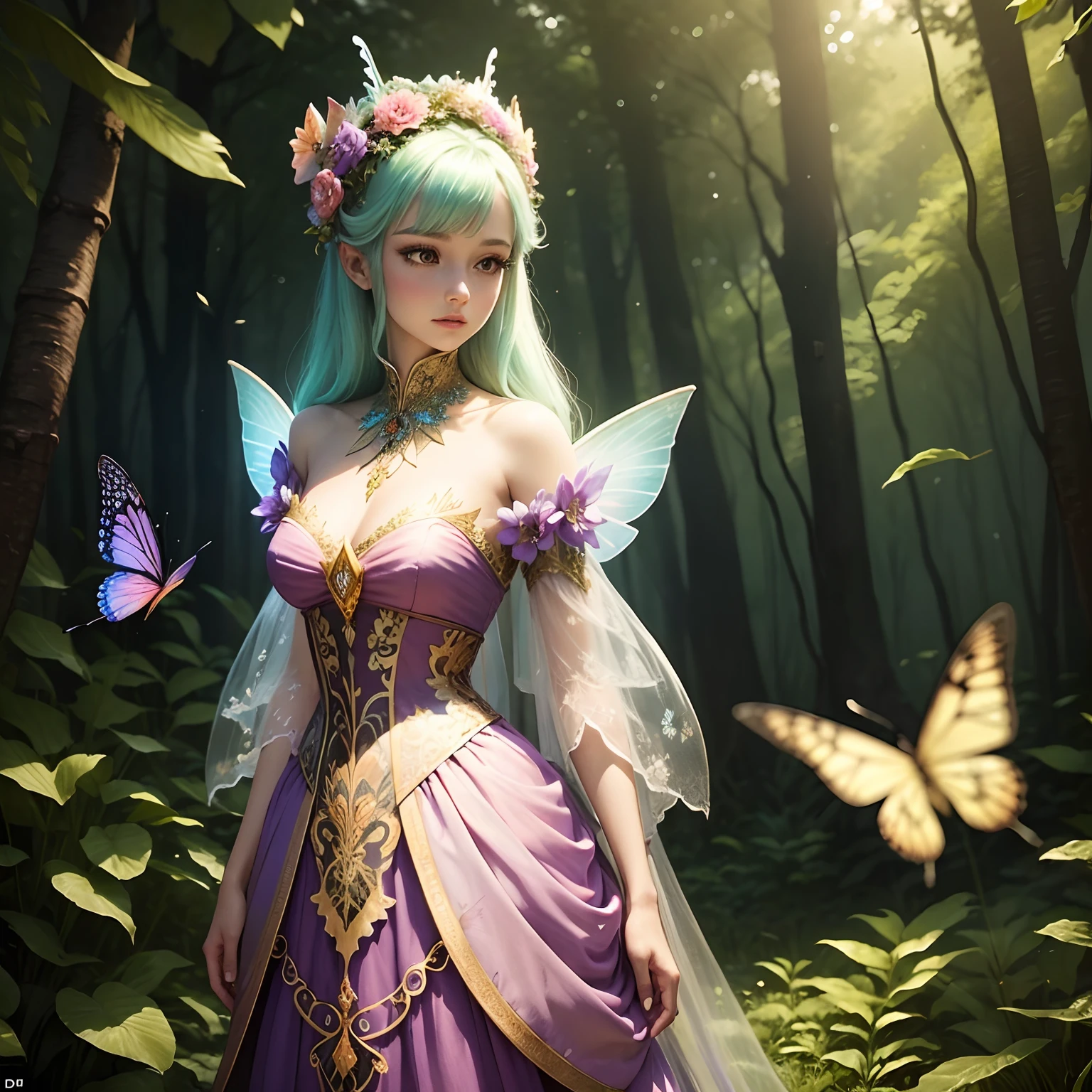 A mannequin with flower and 3D butterfly dress, is standing in the forest, costume dress, magical dress, ethereal fairy tale, intricate costume dress, beautiful costume, lady with bright flower dress, costume costume, beautiful adult fairy queen, very magical and dreamer, in an extravagant fairy tale forest, Fairy Queen, intricate long dress costume, and
