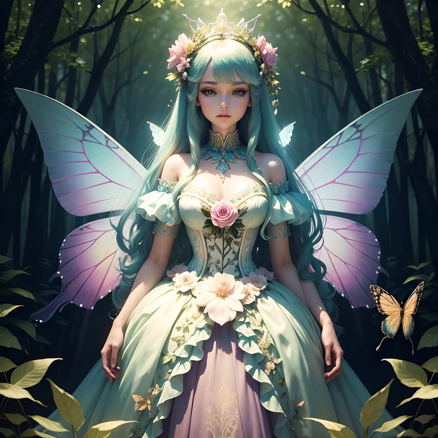 A mannequin with flower and 3D butterfly dress, is standing in the forest, costume dress, magical dress, ethereal fairy tale, intricate costume dress, beautiful costume, lady with bright flower dress, costume costume, beautiful adult fairy queen, very magical and dreamer, in an extravagant fairy tale forest, Fairy Queen, intricate long dress costume, and