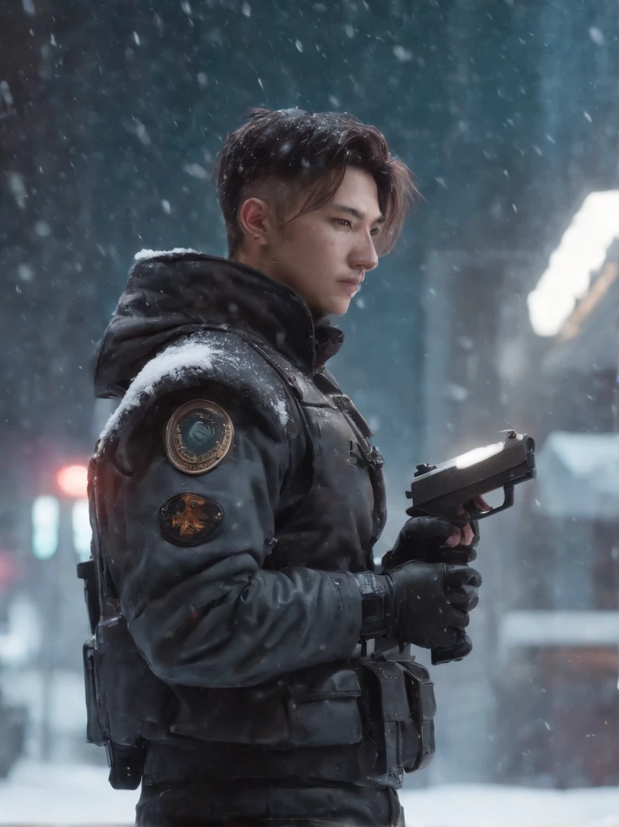 Close-up of a man shooting with a gun in the snow, Character Xiao Zhan,Character Xiao Zhan,Character Xiao Zhan,Trigon, anime big breast《cyber punk perssonage》, Anime art style trigger, The style of an animated film "red line", Tetsuo of Akira, screenshot from a 2012s anime, akira anime, Crisp high-quality anime, anime bullet vfx, best anime character design, Anime cyberpunk moderno, modern sci-fi anime,