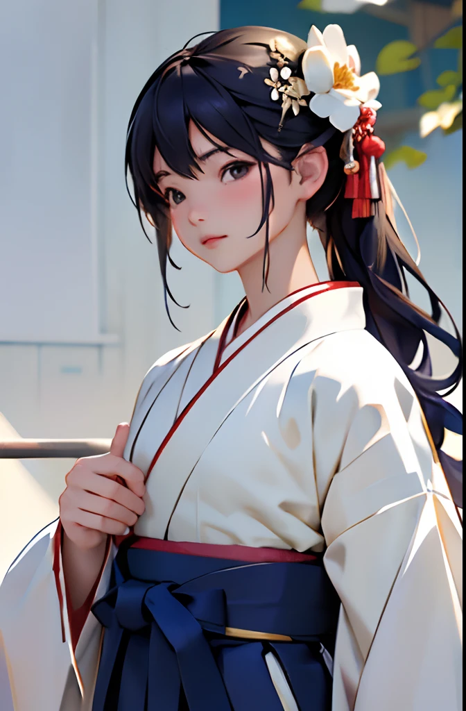 top-quality、masterpiece、超A high resolution、(Realistic:1.4)、Anime style、女の子 1 人、14years、Floral hair ornament、Standing、Large brushes、Calligraphy Performance、White jacket and navy blue hakama、Hakama、school gym
