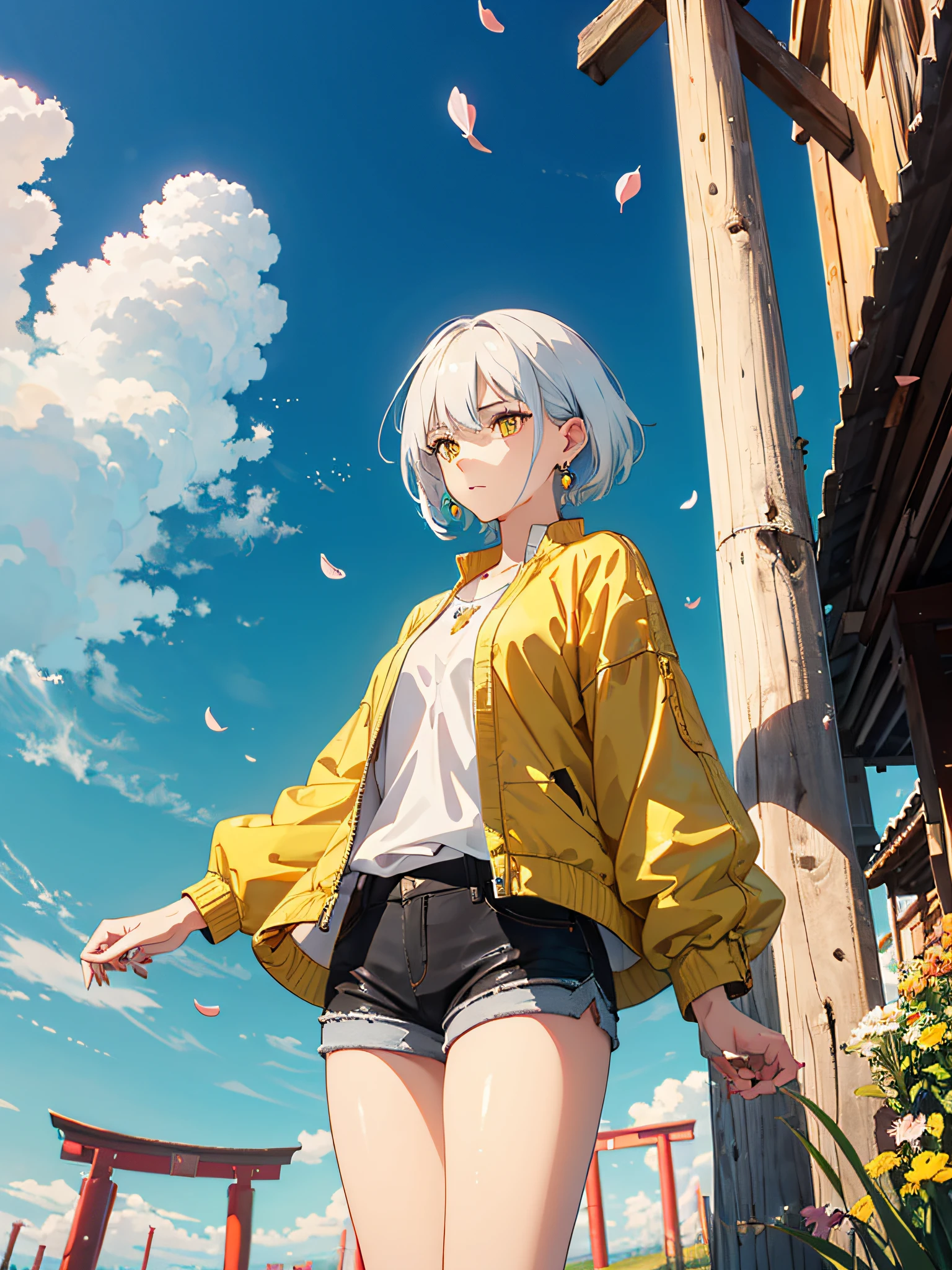 Girl with short white hair, yellow cat eyes, white jacket with small golden details, short white shirt, short white shorts, serious face, golden earrings, golden details in her clothes, extremely elegant, BREAK, sky, torii sanctuary gate, expansive blue sky, perfect clouds, moving wind, sakura petals, (ultra-realistic), {extremely detailed 8k CG unit wallpaper}, expansive landscape photography, (a view from below that prioritizes character and elegance of the sky above, wide open field view), (low angle shot), (high light: 1.4), (low light: 1.5), (warm light source: 1.5), complex details, (colors iridescent: 1.7), (bright lighting), (atmospheric lighting), dreamy, elegant, magical, majestic