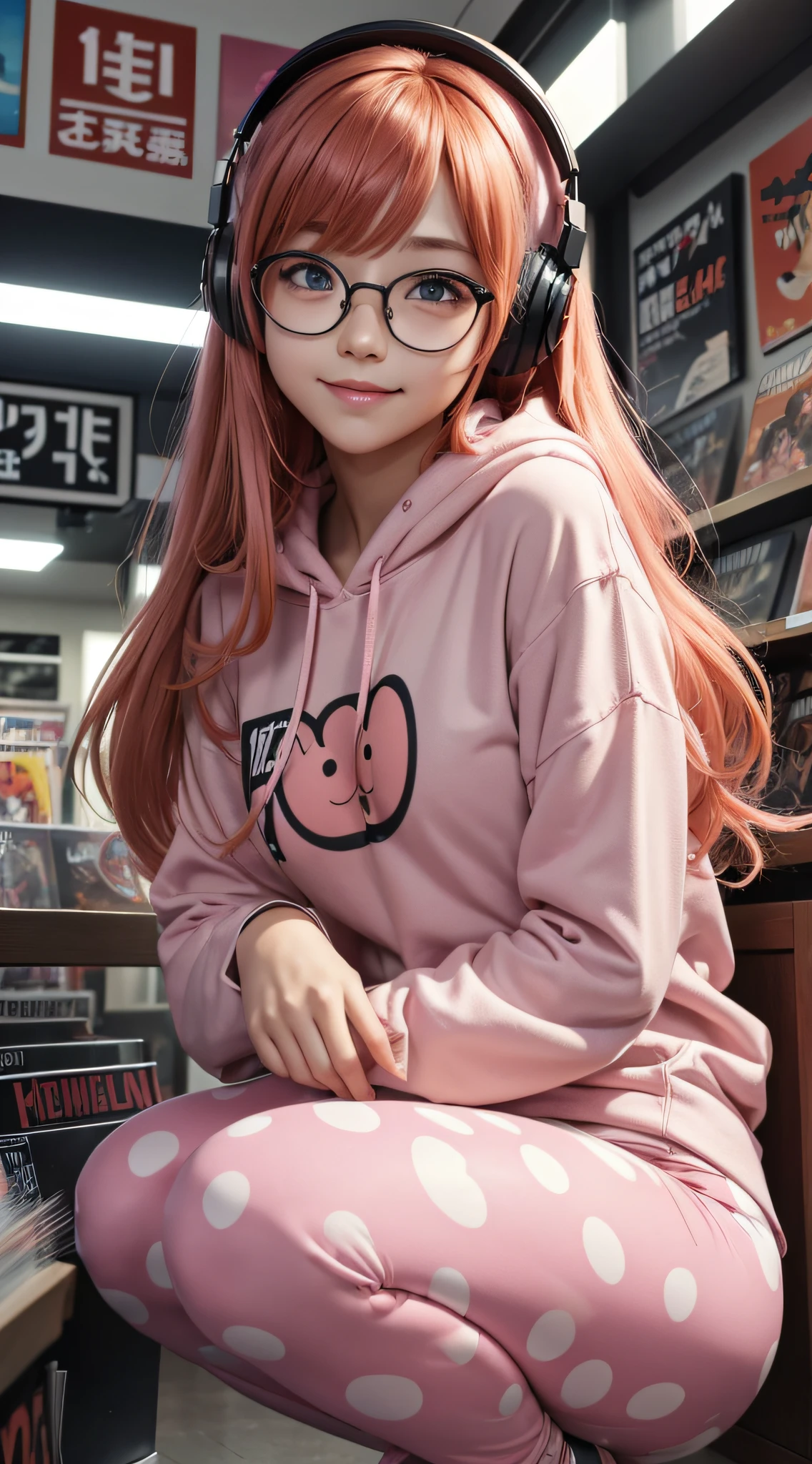 ((masterpiece)), (best quality), expressive eyes, ((perfect face)), highly detailed, heart, (highly detailed eyes), (highly detailed face), ((4K)), (8K UHD), (ultra-high texture quality),( ultra-high pixel texture), (hyperdetailed), DLSR, RTX, (HDR), (Absurdres), ((Japanese text, text bubble)), shiny skin, oily skin, perfect hands, perfect eyes, perfect skin, (ultra-delicate face), delicate eyes, double eyelids, beautiful and delicate photo, detailed background, BREAK lora:dsfutaba-v2:0.7, Futaba Sakura, persona 5, gamer, (pink headphones), (orange hair), (round glasses), (orange long hair), happy, ,delicate eyelashes, (big adorable eyes, 🥺), , loli petite, (wide hips), ((petite breasts)), cute, blush, happy, smiling, laughing ,((business man)), public, (browsing vinyl records), crotch focus, BREAK (Pink polka dot hoddie), hoodie, (intricate- Pink polka dot hoddie) BREAK (Camouflage leggings), leggings, partially visible pussy, (cameltoe), (intricate-camouflage leggings) BREAK (Looking at viewer), ((from below)) (inside record shop), (electric guitar), indoors, (vinyl records), (squatting), studio lightning, lora:uglyBastard_v54a:0.7, (hugging own legs), \u003clora:hugging_own_legs_v0.3:0.7\u003e