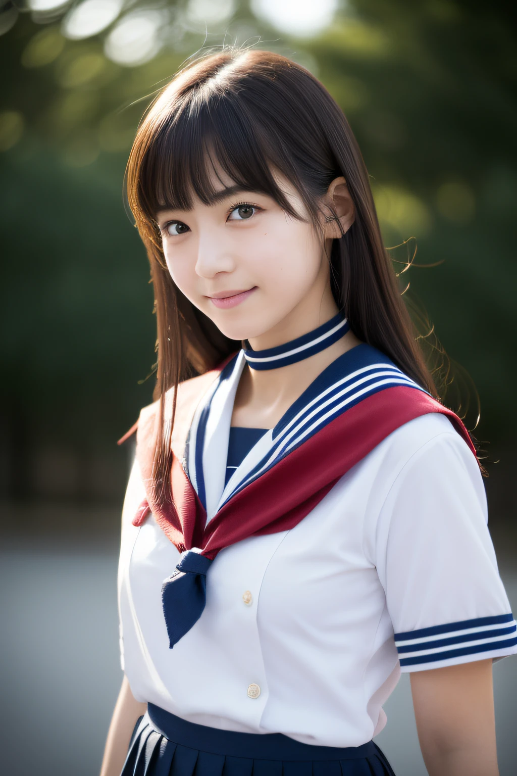 1girll, Japan intaglio printing model, Cute beautiful girl, modest breasts, clear facial skin, Smile shyly, Break the feeling of sexiness, Erotic feelings, (Japanese high school uniform with sailor collar:1.2), Sailor uniform, Red scarf, (Pleated skirt), (Dynamic Angle, Dynamic pose:1.3), Break masterpieces, Best quality, A high resolution, Detailed skin, Detailed, Detailed face and eyes, A high resolution, Natural lighting, Perfect anatomy, Physically-based rendering, Photorealistic, symmetric clear eyes, Neat face,Teenage girl, Perfect figure, Transparency,  hposing Gravure Idol,