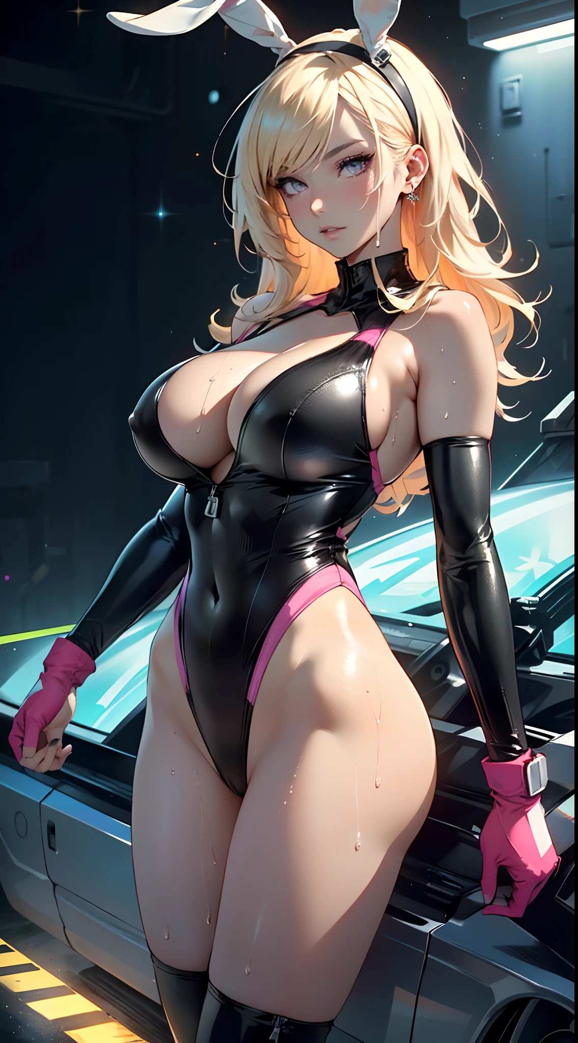 cute bunny girl,(((1girl))),((bunny girl with extremely cute and beautiful blonde hair)),(((bunny girl,anthro furry cute,bunny-girl))),(((bunny ears,bunny ears on head,big bunny ears))),
(large breasts:1.4),saggy breasts,(((blonde hair:1.35,colored inner hair,ear breathing,long hair))),(((neon_pink_eyes1.3))),intricate eyes,beautiful detailed eyes,symmetrical eyes,((fat)),(((lustrous skin:1.5,bright skin: 1.5,skin tanned,shiny skin,very shiny skin,shiny body,plastic glitter skin,exaggerated shiny skin,illuminated skin,wet legs))),(spider lower abdomen,narrow waist,wide hip,athletic body,inflated legs,detailed body,(detailed face)),
cute,slutty,seductive,erotic,(((nsfw))),
zettai ryouiki,((slingshot swimsuit black,wearing a slingshot swimsuit outfit:1.3,swimsuit type spacesuit,black armor swimsuit:1.3)),(((huge cleavage))),((wet clothes,intricate outfit,intricate clothes)),
(dynamic pose:1.0),solo focus,embarrassed,(centered,scale to fit dimensions,Rule of thirds),
cyberpunk city by the ocean at night, with bright neon signs and dark stormy clouds and puddles, scenery:1.25,
highres, sharp focus, (ultra detailed, extremely detailed), (photorealistic artwork:1.37),(extremely detailed CG unity 8k wallpaper),((synthwave background theme)),(((vibrant colors))),(intricate background),(masterpiece),(best quality),