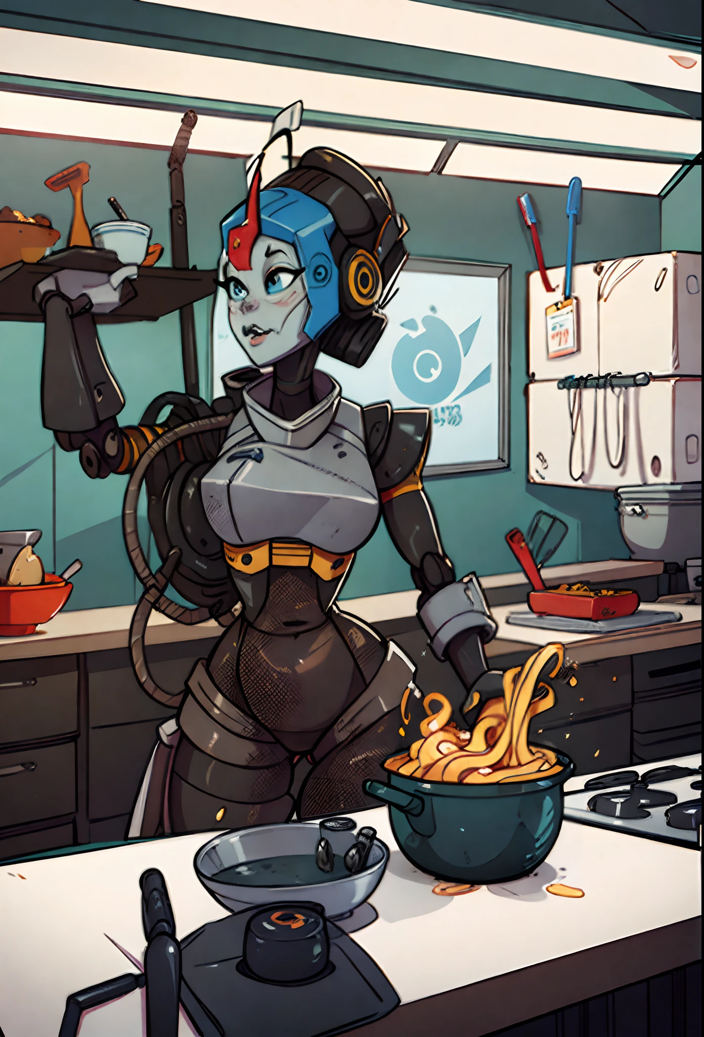 A robot cooking noodle in a wok, In the modern of a sci-fi kitchen, depth of fields, cartoon, c4d, silly face