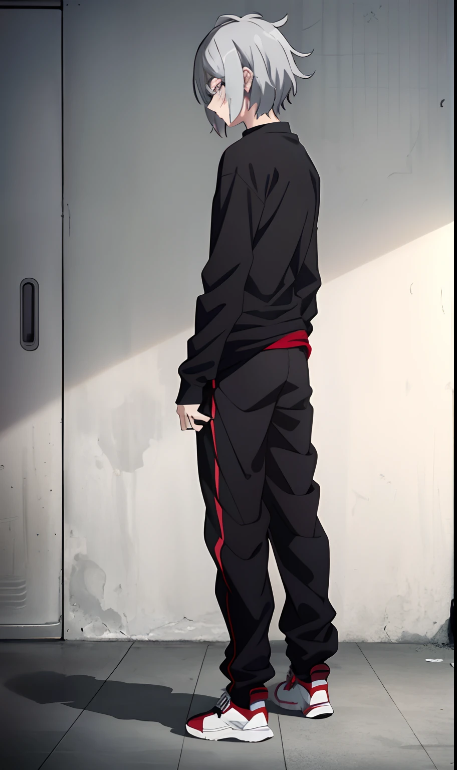 shigaraki tomura, 1boy, black pants, black shirt, grey hair, long sleeves, back view, male focus, messy hair, pants, red footwear, shirt, shoes, short hair, sneakers