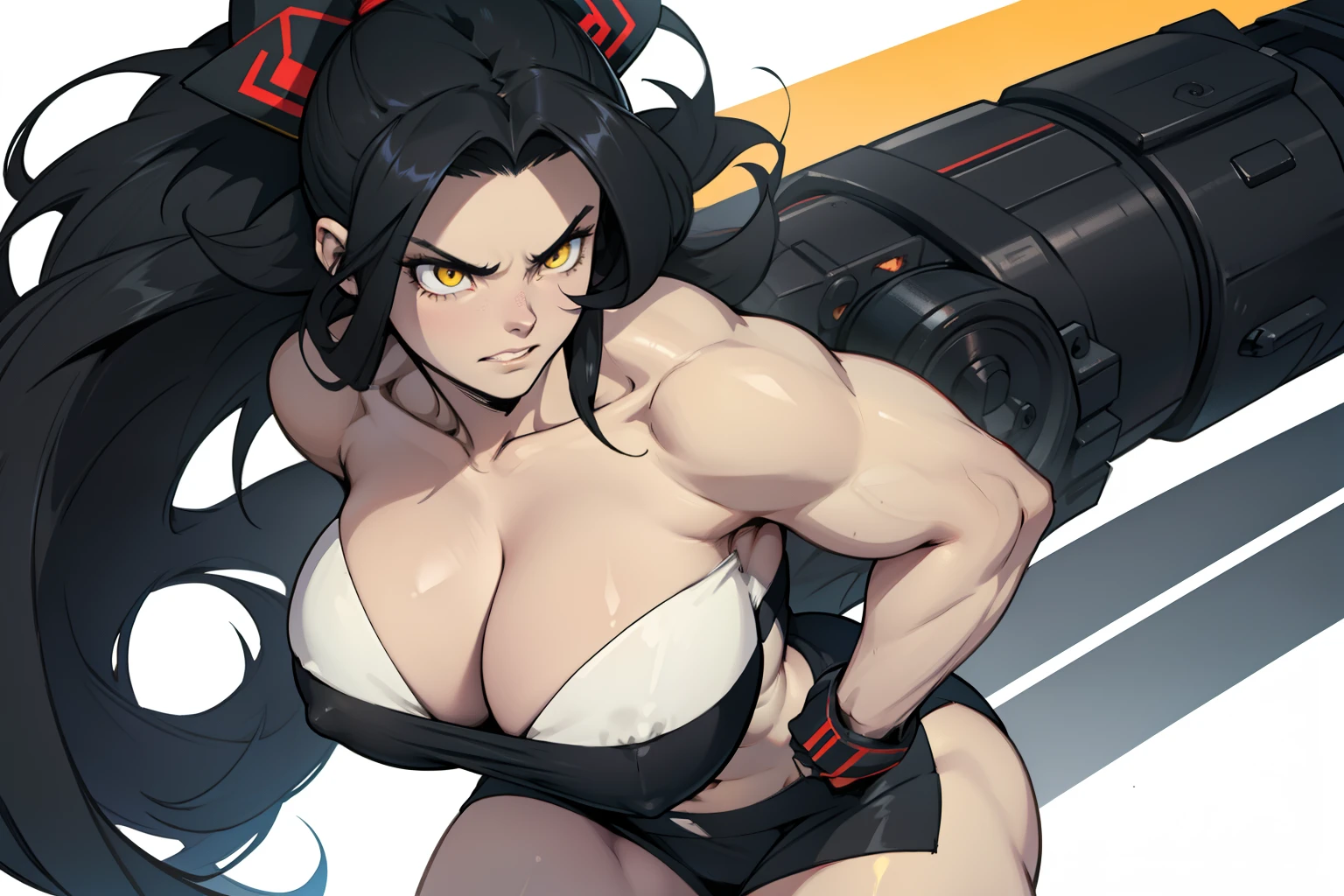 1 girl, solo, very long hair, busty, (muscular), thick thighs, black hair, yellow eyes, pale skin, angry, (ultra detailed eyes), cleavage