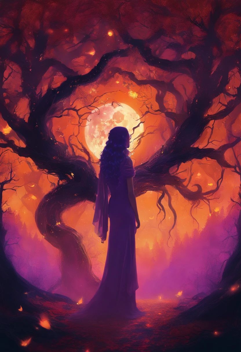 "(best quality, highres, ultra-detailed), The goddess casting mystical glowing spells in a haunted forest, orange and purple hues, portraits, vivid colors, extreme detail description, sharp focus, physically-based rendering, studio lighting, horror, witch, magical, eerie atmosphere, swirling fog, ethereal glow, ancient trees, twisted branches, glowing pumpkins, moonlit sky, mysterious shadows, spellbinding, enchanting, hauntingly beautiful"