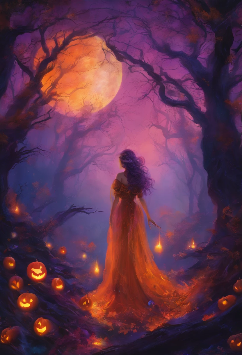 "(best quality, highres, ultra-detailed), The goddess casting mystical glowing spells in a haunted forest, orange and purple hues, portraits, vivid colors, extreme detail description, sharp focus, physically-based rendering, studio lighting, horror, witch, magical, eerie atmosphere, swirling fog, ethereal glow, ancient trees, twisted branches, glowing pumpkins, moonlit sky, mysterious shadows, spellbinding, enchanting, hauntingly beautiful"
