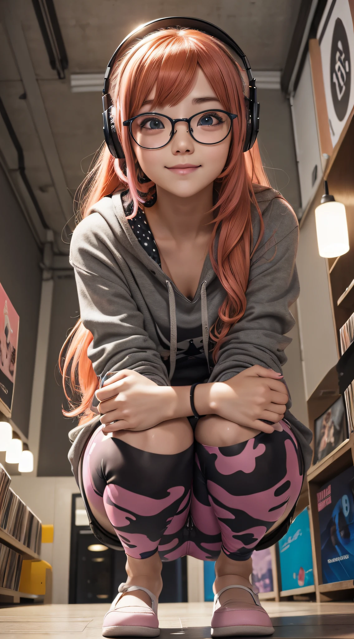 ((masterpiece)), (best quality), expressive eyes, ((perfect face)), highly detailed, heart, (highly detailed eyes), (highly detailed face), ((4K)), (8K UHD), (ultra-high texture quality),( ultra-high pixel texture), (hyperdetailed), DLSR, RTX, (HDR), (Absurdres), ((Japanese text, text bubble)), shiny skin, oily skin, perfect hands, perfect eyes, perfect skin, (ultra-delicate face), delicate eyes, double eyelids, beautiful and delicate photo, detailed background, BREAK lora:dsfutaba-v2:0.7, Futaba Sakura, persona 5, gamer, (pink headphones), (orange hair), (round glasses), (orange long hair), happy, ,delicate eyelashes, (big adorable eyes, 🥺), , loli petite, (wide hips), ((petite breasts)), cute, blush, happy, smiling, laughing ,((business man)), public, (browsing vinyl records), crotch focus, BREAK (Pink polka dot hoddie), hoodie, (intricate- Pink polka dot hoddie) BREAK (Camouflage leggings), leggings, partially visible pussy, (cameltoe), (intricate-camouflage leggings) BREAK (Looking at viewer), ((from below)) (inside record shop), (electric guitar), indoors, (vinyl records), (squatting), studio lightning, lora:uglyBastard_v54a:0.7, (hugging own legs), \u003clora:hugging_own_legs_v0.3:0.7\u003e