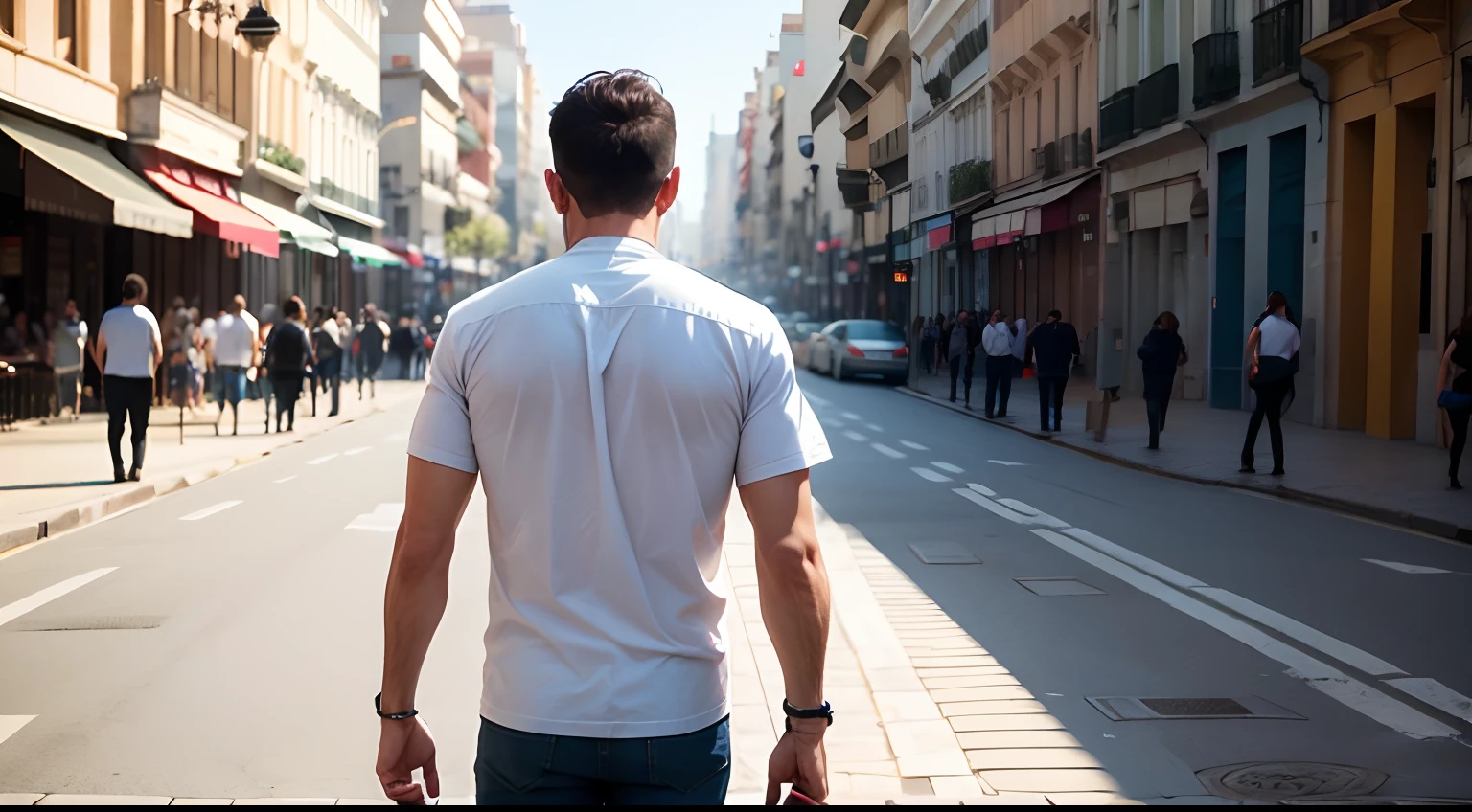 un hombre, con remera blanca, un ramo de flores blancas en la mano, caminando por el centro de la ciudad