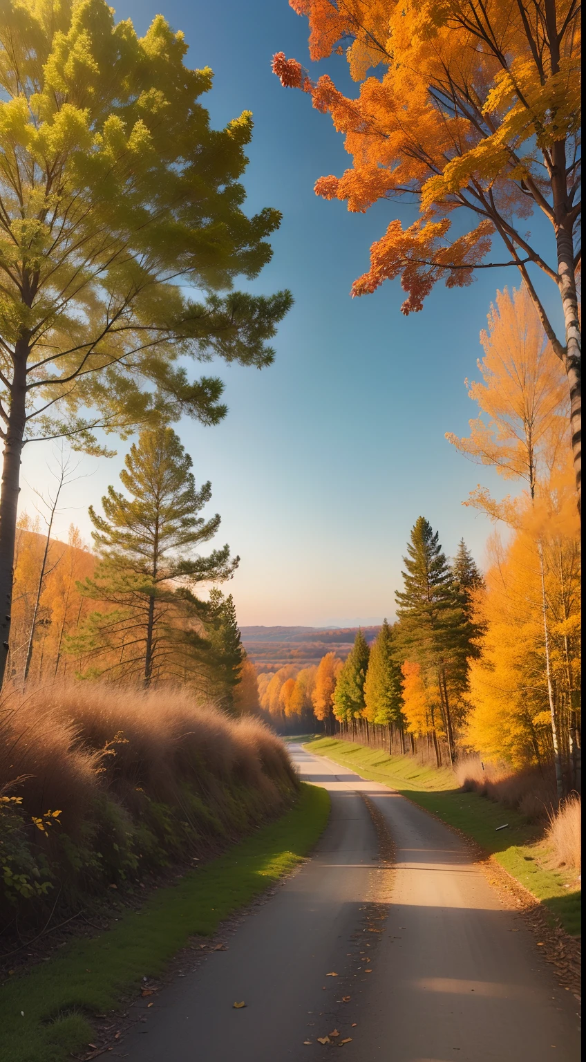 autumnal, the setting sun,See the sunset, In the woods,Birch,White bark, Yellow leaves,The ground is covered with fallen leaves, There are small squirrels on the ground,Boardwalk,Bright environment, Asaka sky,Natural scenery, real footage, Camera shot,f/1.2 Wide angle lens,Low camera position,--AR 9:16 --q 2