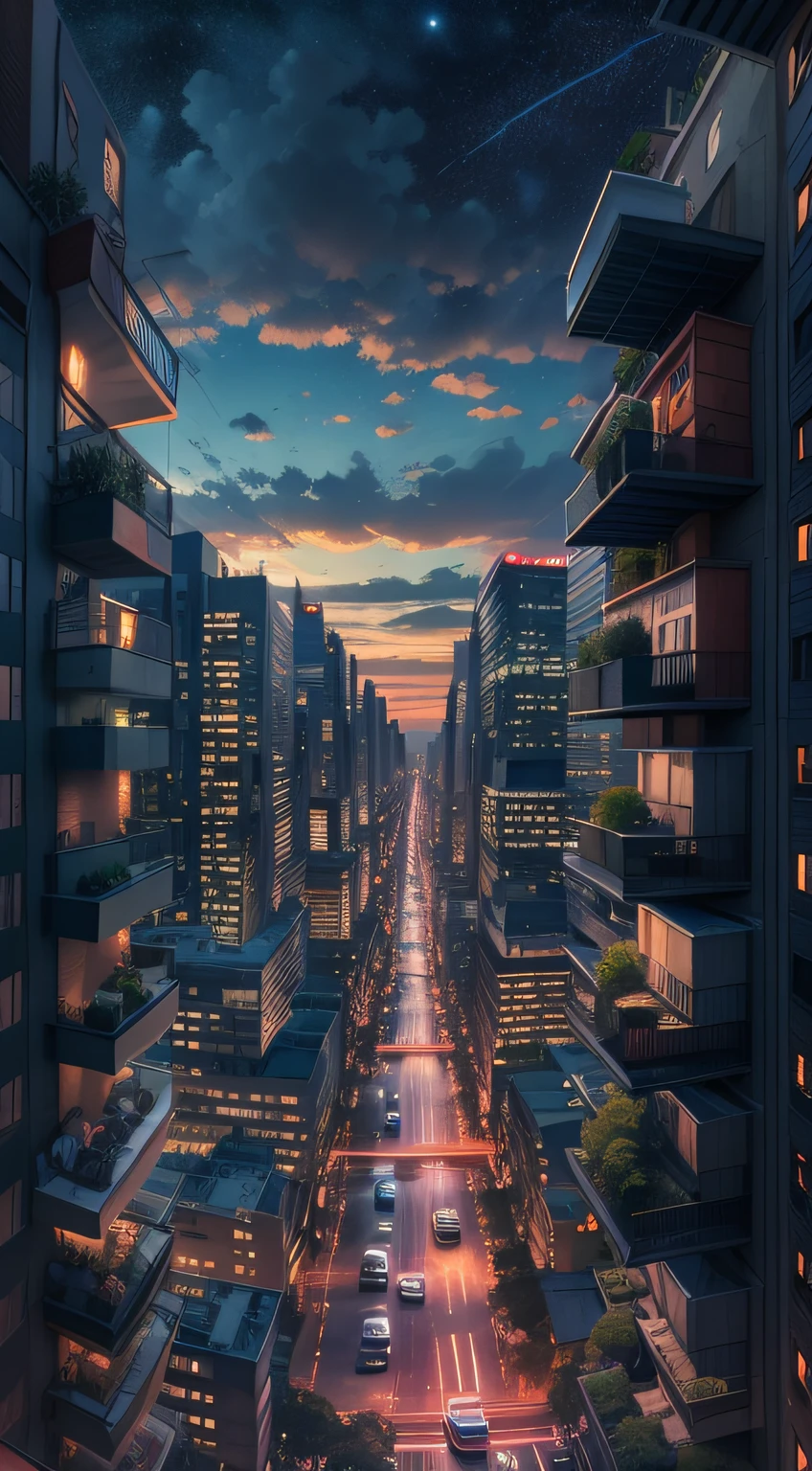 Panoramic view of the city at night, tom amarelado das luzes, starly sky, mega realista