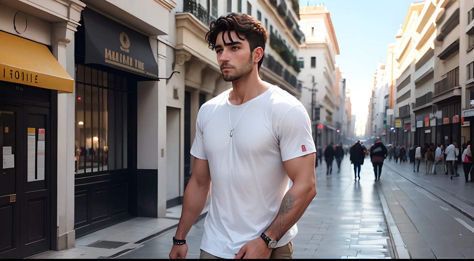 un hombre, con remera blanca, un ramo de flores blancas en la mano, caminando por el centro de la ciudad