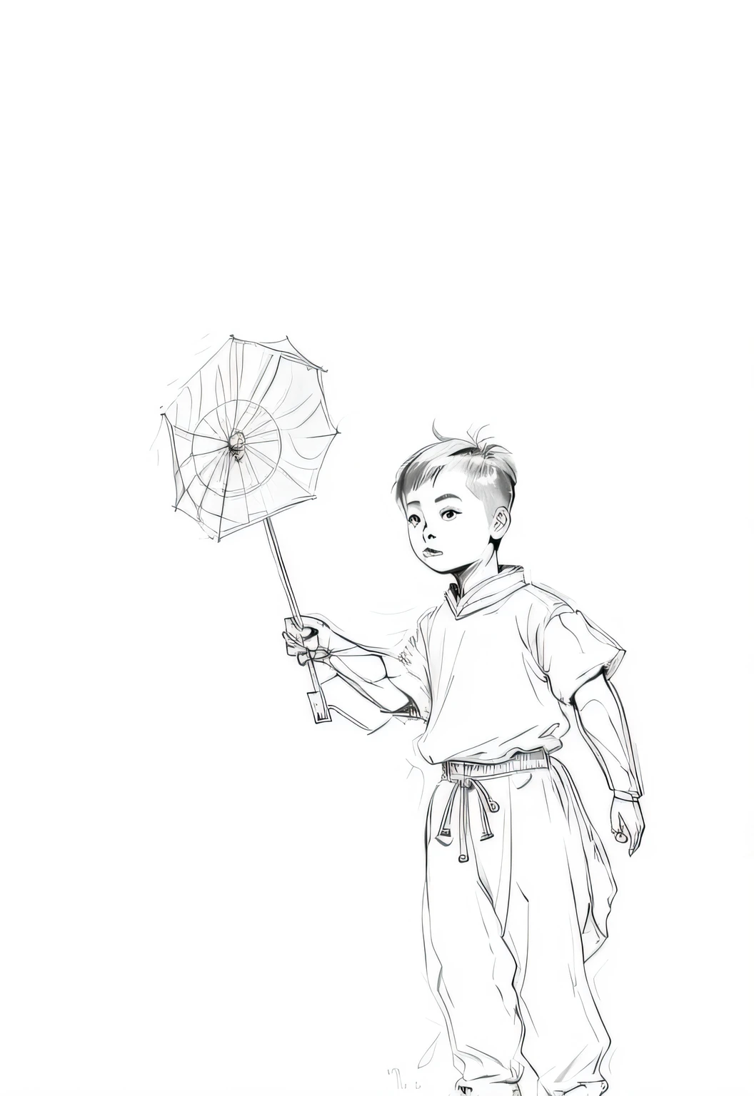 Painting of a boy with an umbrella and a stick, inspired by Fan Qi, concept sketches, old sketch, inspired by Fan Kuan, [ conceptual art ]!!, unrealistic character concept, torchan. Sketch, concept art of single boy, Inspired by Gong Li, concept art sketch, Simple lines of art, inspired by Hal Foster, official fan art, Line sketch