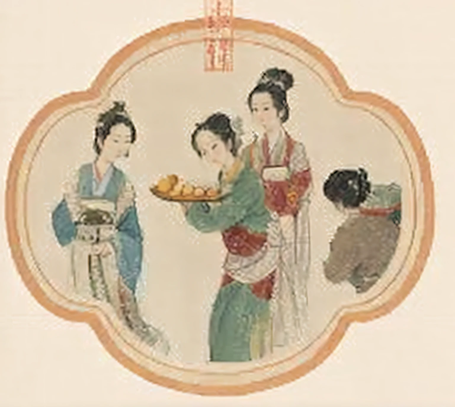 Close-up of a painting of a woman holding a food tray, ancient chinese beauti, ancient china art style, author:Uemura Shoen, Chinese art, author:Cloud Shouping, Tang dynasty, qing dynasty painting, author:Ichishu Miyagawa, large view, old chines painting, author:Nakajun Miyagawa, Wearing ancient Chinese clothes