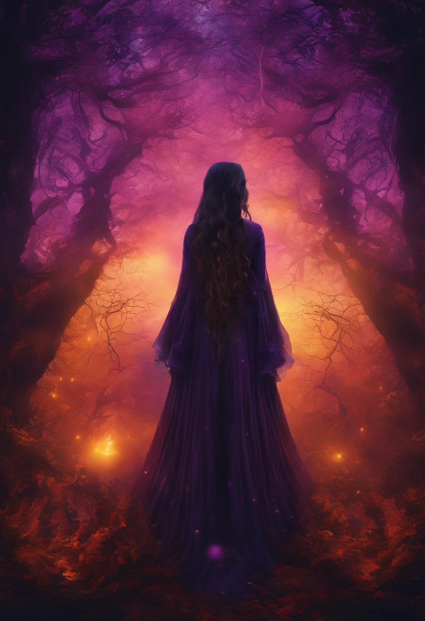 "(best quality, highres, ultra-detailed), The goddess casting mystical glowing spells in a haunted forest, orange and purple hues, portraits, vivid colors, extreme detail description, sharp focus, physically-based rendering, studio lighting, horror, witch, magical, eerie atmosphere, swirling fog, ethereal glow, ancient trees, twisted branches, moonlit sky, mysterious shadows, spellbinding, enchanting, hauntingly beautiful"
