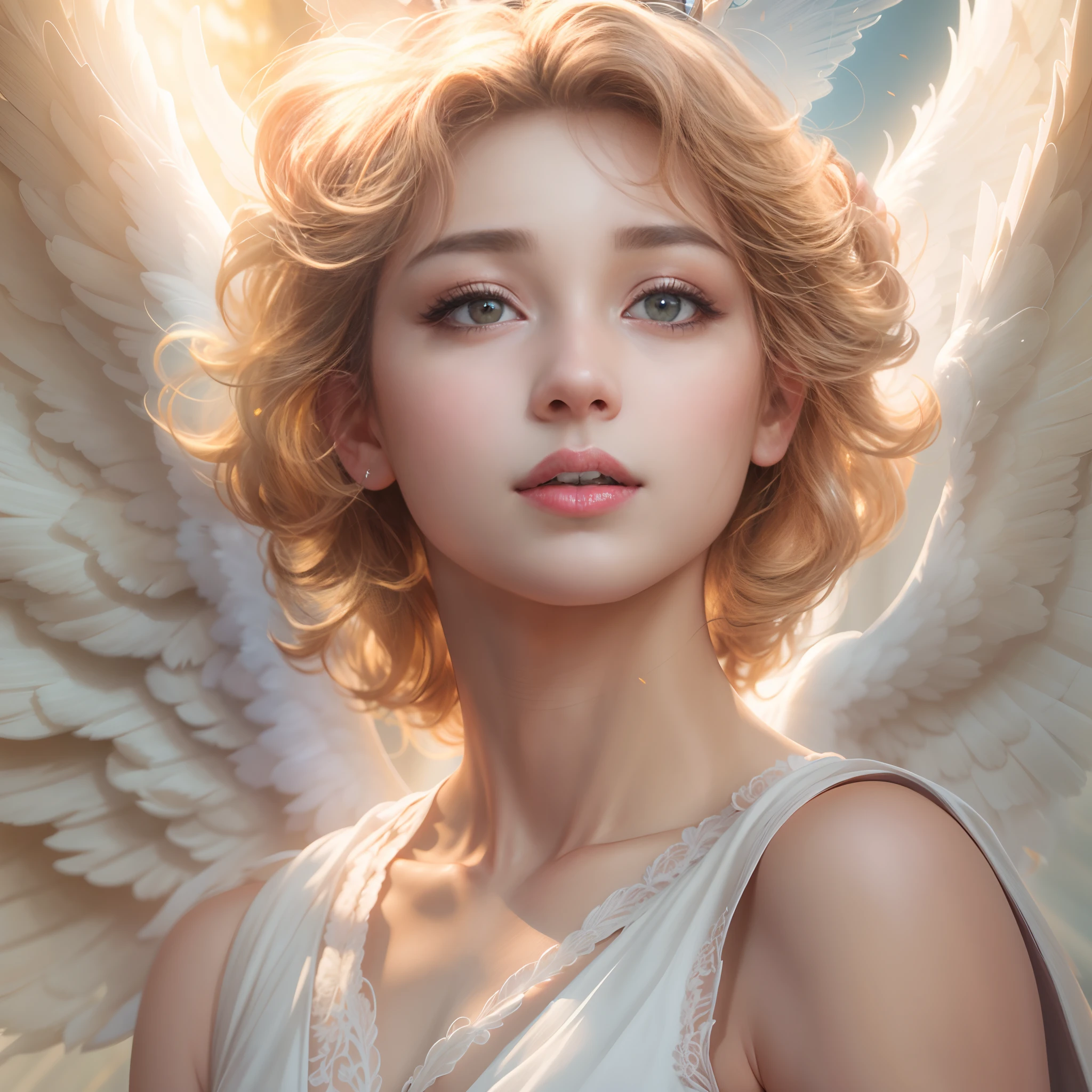 masterpiece, top quality, 8K, real person, realistic, very dense CG, shiny skin, fully focused, heaven, divine glory, radiant, angel, blessing, happiness,