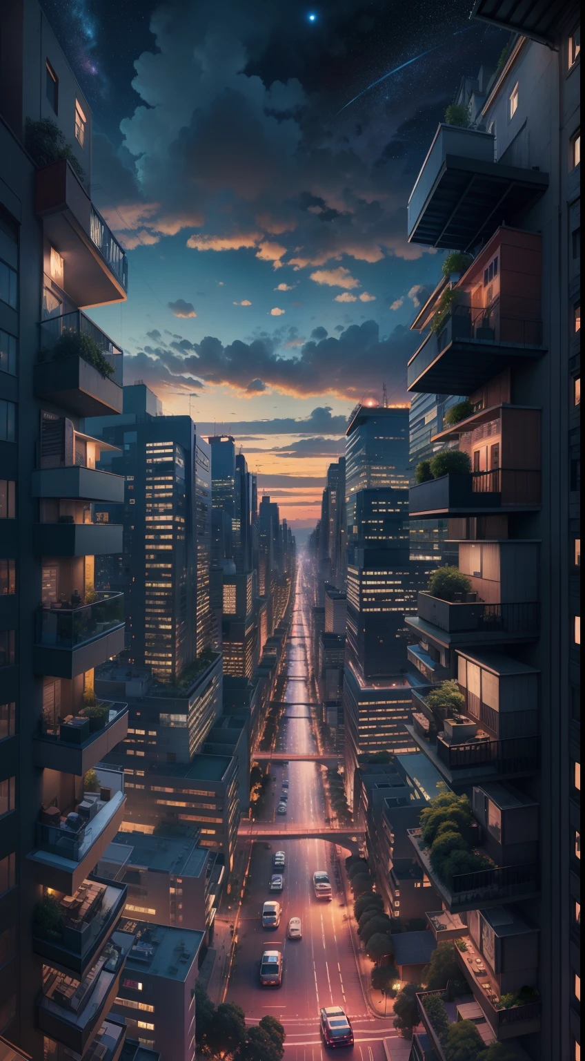 Panoramic view of the city at night, tom amarelado das luzes, starly sky, mega realista