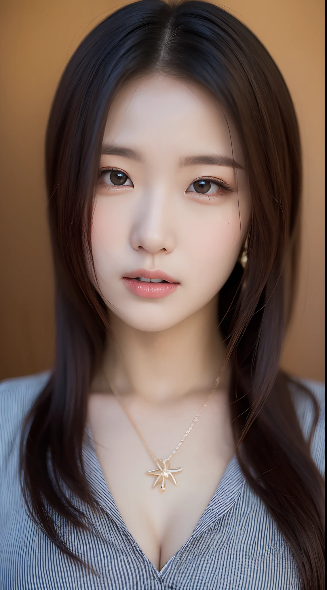 Made my girlfriend, a Korean girl, about 25 years old, breasts size 34 inches, white and beautiful, an idol, expressive hair, wearing waist tie shirt, necklace, in the class, close-up portrait, 16k