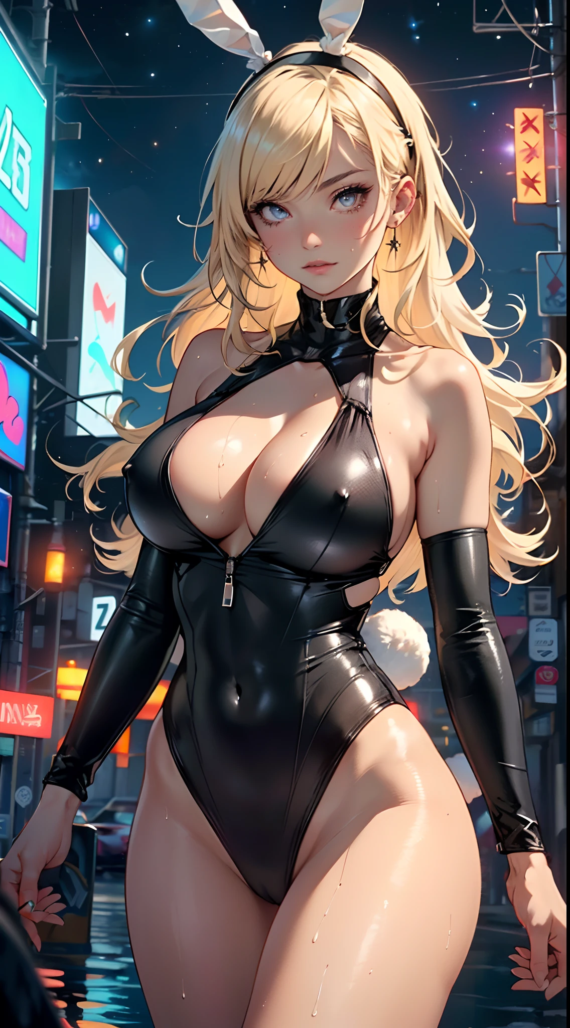 cute bunny girl,(((1girl))),((bunny girl with extremely cute and beautiful blonde hair)),(((bunny girl,anthro furry cute,bunny-girl))),(((bunny ears,bunny ears on head,big bunny ears))),

(large breasts:1.4),saggy breasts,(((blonde hair:1.35,colored inner hair,ear breathing,long hair))),(((neon_pink_eyes1.3))),intricate eyes,beautiful detailed eyes,symmetrical eyes,((fat)),(((lustrous skin:1.5,bright skin: 1.5,skin tanned,shiny skin,very shiny skin,shiny body,plastic glitter skin,exaggerated shiny skin,illuminated skin,wet legs))),(spider lower abdomen,narrow waist,wide hip,athletic body,inflated legs,detailed body,(detailed face)),

cute,slutty,seductive,erotic,(((nsfw))),

zettai ryouiki,((slingshot swimsuit black,wearing a slingshot swimsuit outfit:1.3,swimsuit type spacesuit,black armor swimsuit:1.3)),(((huge cleavage))),((wet clothes,intricate outfit,intricate clothes)),

(dynamic pose:1.0),solo focus,embarrassed,(centered,scale to fit dimensions,Rule of thirds),

cyberpunk city by the ocean at night, with bright neon signs and dark stormy clouds and puddles, scenery:1.25,

highres, sharp focus, (ultra detailed, extremely detailed), (photorealistic artwork:1.37),(extremely detailed CG unity 8k wallpaper),((synthwave background theme)),(((vibrant colors))),(intricate background),(masterpiece),(best quality),