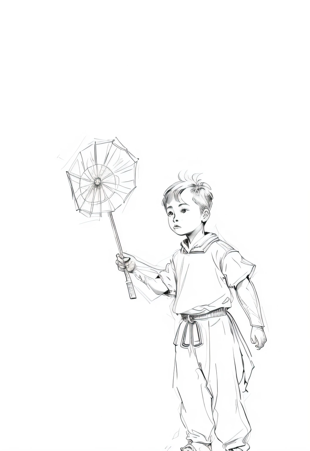 Painting of a boy with an umbrella and a stick, inspired by Fan Qi, concept sketches, old sketch, inspired by Fan Kuan, [ conceptual art ]!!, unrealistic character concept, torchan. Sketch, concept art of single boy, Inspired by Gong Li, concept art sketch, Simple lines of art, inspired by Hal Foster, official fan art, Line sketch