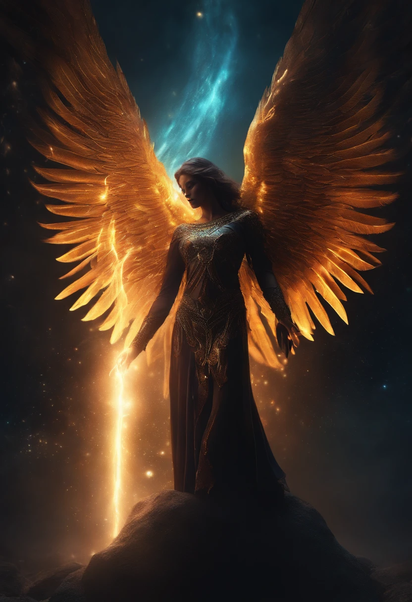 Fallen angel of the universe, glowing light eyes, biomechanics, eerie, creepy, nightmare, very bright colors, light particles, glowing light, Emsheep, wallpaper art, UHD wallpapers