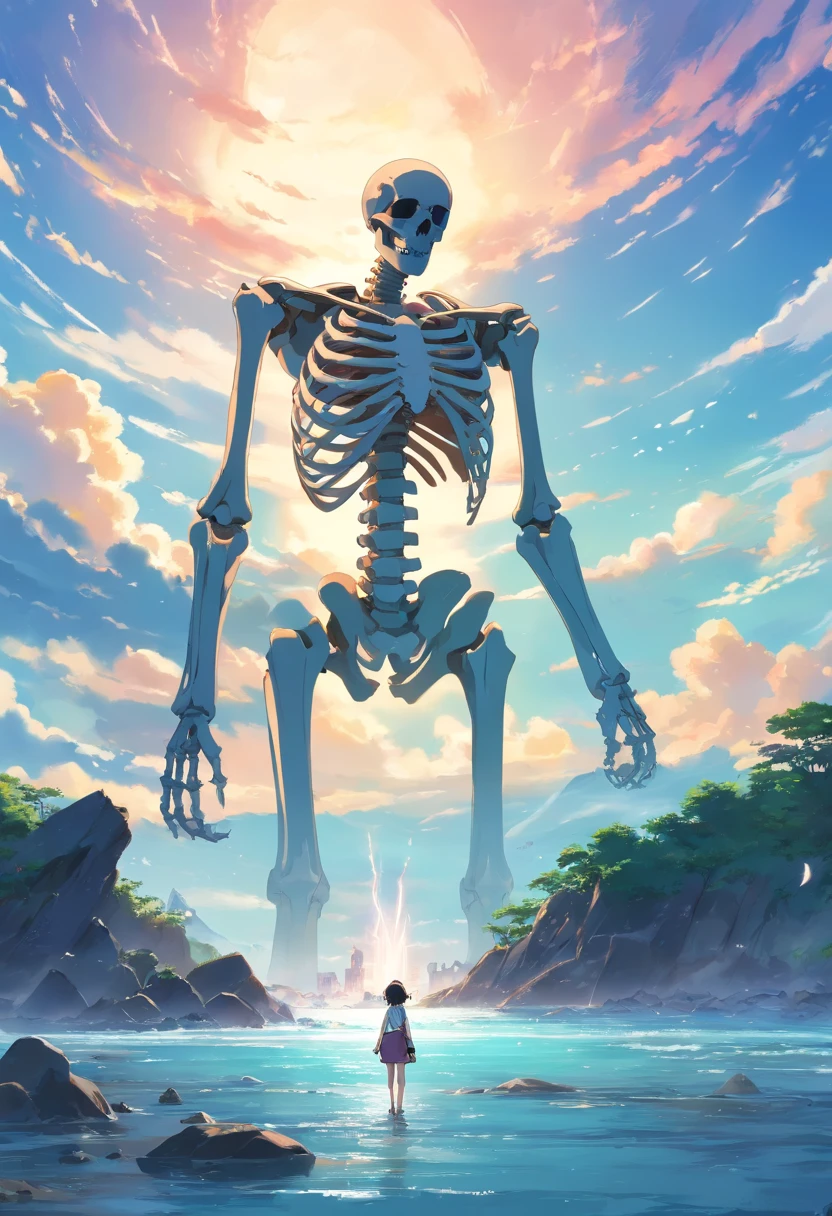 Standing on an island where the skeleton of sea beasts is stacked, looking into the distance，The distant archipelago is scattered，There are ruins on the island，The sky is cloudy，There is thunder in the sky，ancient ruins background，Behemoth skeletons，Overlooking the perspective，top-quality，8K