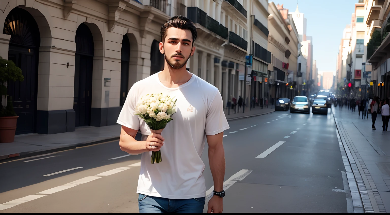 un hombre, un ramo de flores blancas en la mano, con remera blanca, caminando por el centro de la ciudad