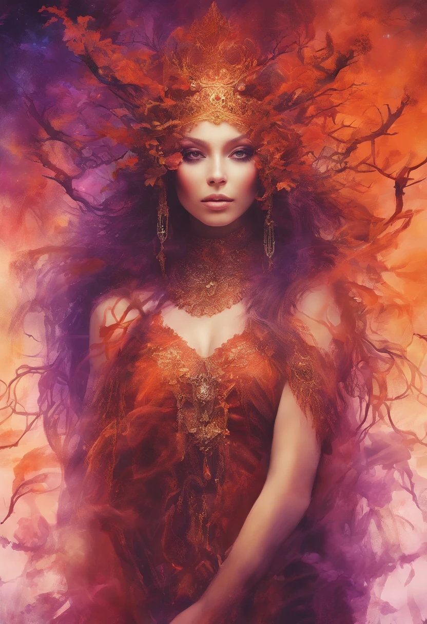 "(best quality, highres, ultra-detailed), The goddess casting mystical glowing spells in a haunted forest, orange and purple hues, portraits, vivid colors, extreme detail description, sharp focus, physically-based rendering, studio lighting, horror, witch, magical, eerie atmosphere, swirling fog, ethereal glow, ancient trees, twisted branches, moonlit sky, mysterious shadows, spellbinding, enchanting, hauntingly beautiful"