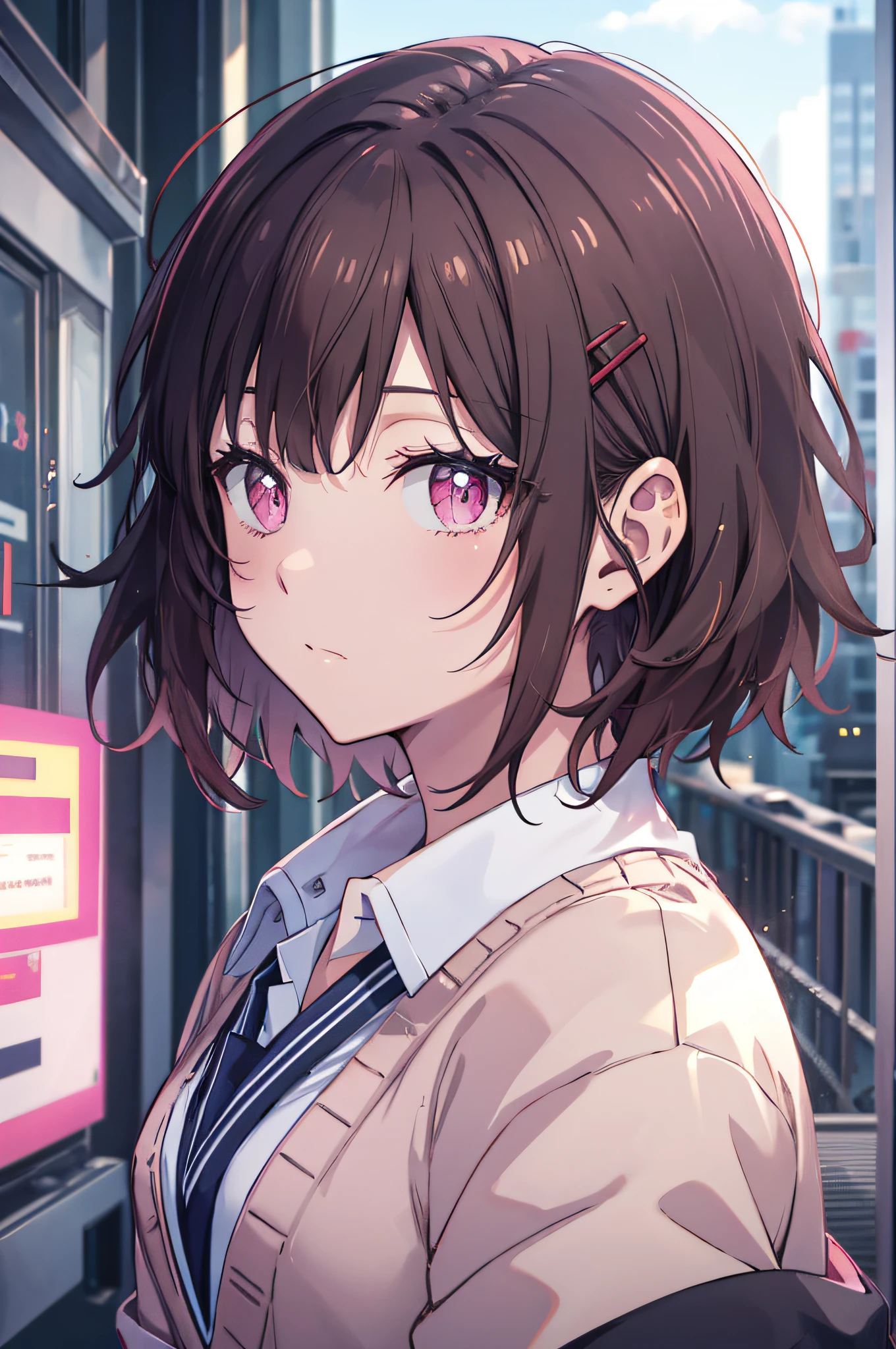 masutepiece, Best Quality, High resolution, Ultra High Resolution, depth of fields, Short hair, Brown hair, Pink eyes, hair pin, School uniform, Cardigan