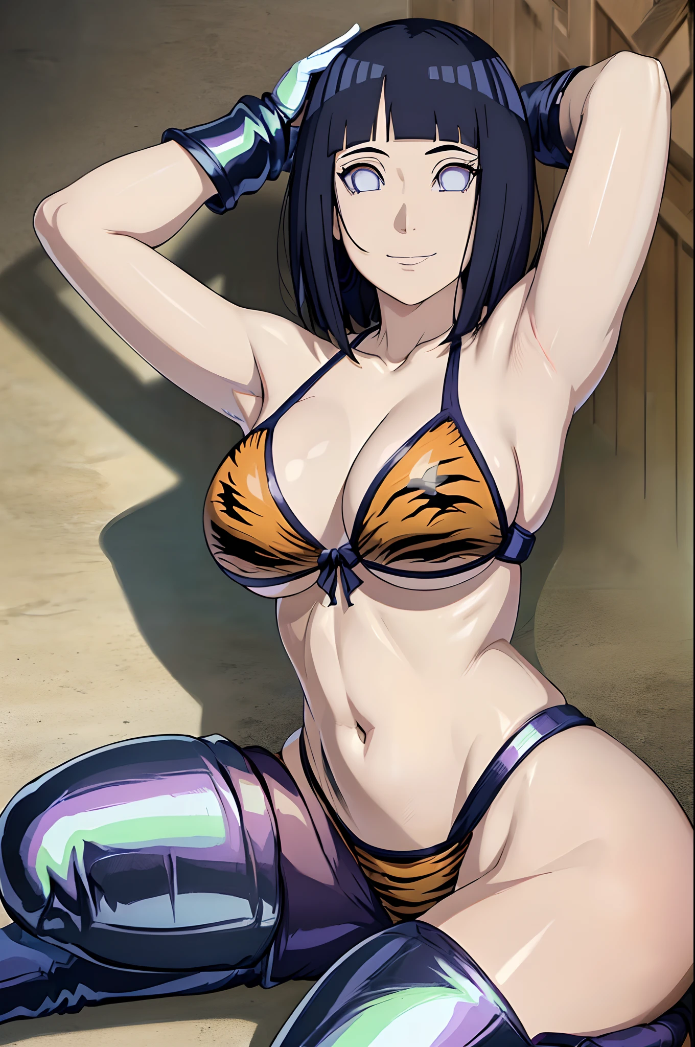 (4k, no angle view, portrait, best quality, cowboy shot), (ultra detailed body, curvy), ((solo, 1 girl)), anime style, hires, ((white background)), (hinata\(boruto\), (female wrestler), (slender body, broad shoulders), (mature woman, milf), (tigress, micro bikini, ultra detailed pro wrestling gear, long gloves, long boots), (extremely gorgeous), (tilt head, seductive look, ((seductive pose, armpit, stretching)), seductive face, seductive expression, (sexy expression), smile, closed mouth), (pale skin, shiny skin, lighting and shadow), (dark blue hair color:1.1), wavy hair, ((short hair, hime cut), big breasts, ((detailed arm curves)), (long belly), (very seductive), (perfect eyes, anime eyes)