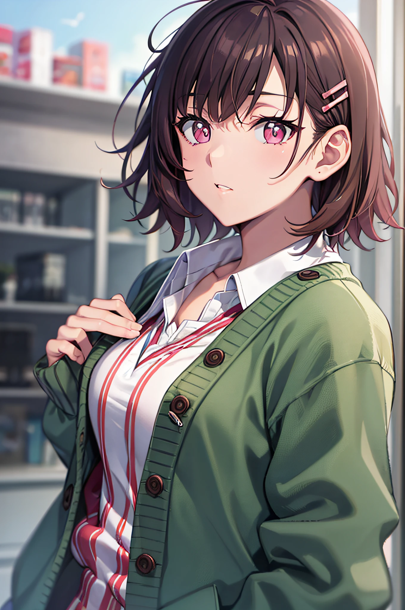 masutepiece, Best Quality, High resolution, Ultra High Resolution, depth of fields, Short hair, Brown hair, Pink eyes, hair pin, School uniform, Cardigan