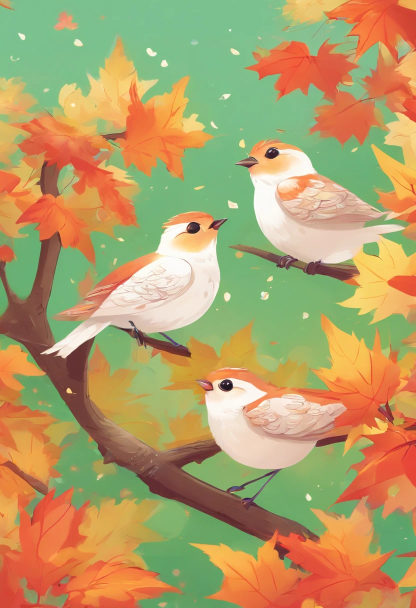 Two super cute green white-eyed birds spread their wings and fly among the autumn maple leaves, Maple Red, Flying birds, Beautiful scenery, Autumn, Red maple flying, Bird long shot tracking photo