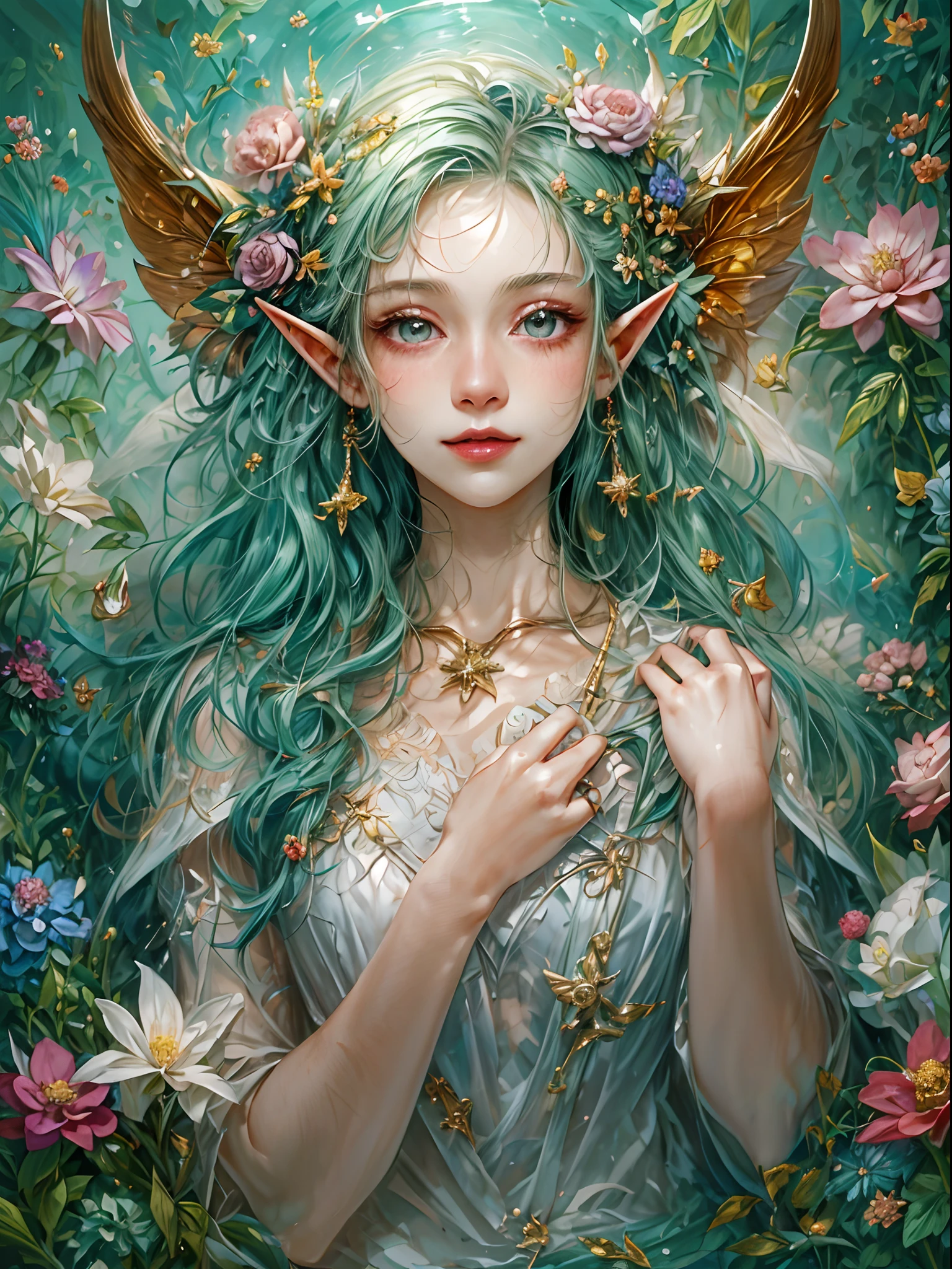 ((tmasterpiece)),Welcome to the fantasy of unknown lands,(A female elf will guide you,anatomy correct,Accurate and perfect face of European and American cartoon girl),Laugh happily,Beautiful girl with a sense of transparency,beautiful fairie,Small ears,Fly around,kaleidoscopic,Among the thousands of purple and red flowers,(Exquisitehands,Take the magic wand),European magic style,Magical elements,School of Magic,(digital illustrations,复杂,Uptrend,pastel colour,oil painted,award winning photography,Bokeh,depth of fields,hdr,blooms,color difference,真实感,The is very detailed,trends in art station,CGSociety trends,复杂,high detal,8K)