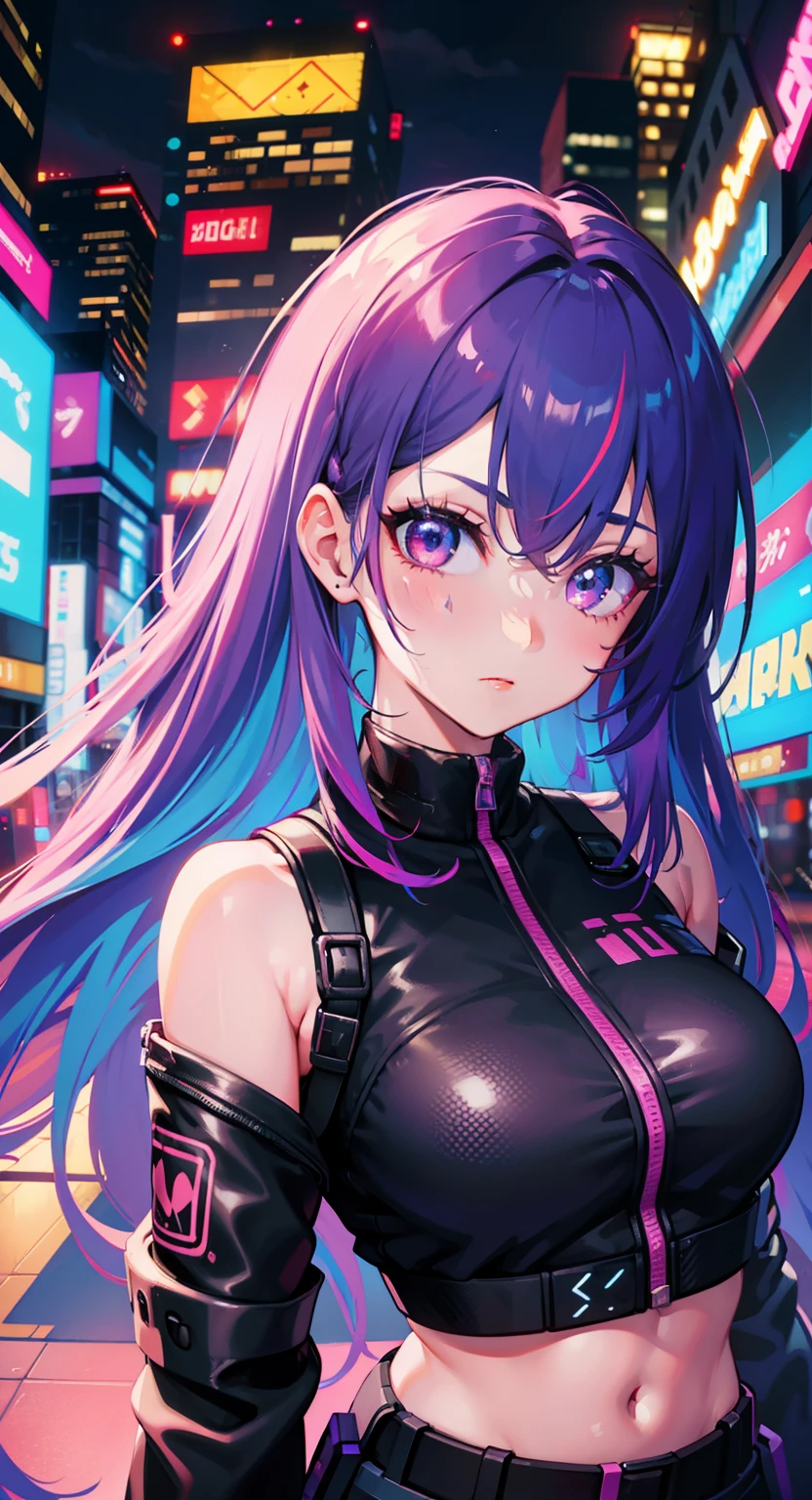 1girl,Creative hair,Rainbow Hair,City streets,fisheye,neon cold lighting, cyberpunk, blush, Waist Shot,Detailed face details,dynamic pose, rim lights,