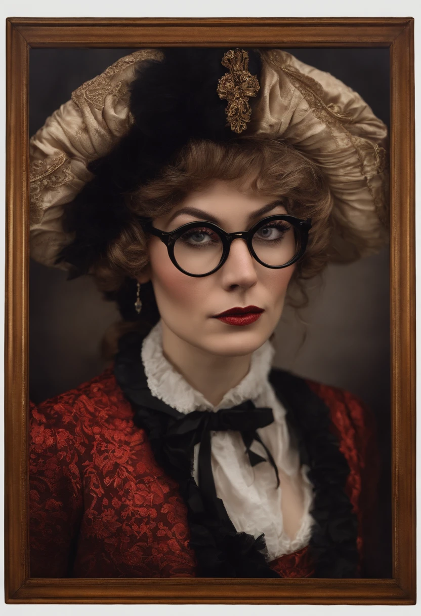 A woman in a 1700's magicians outfit and black round-framed glasses crying black blood.