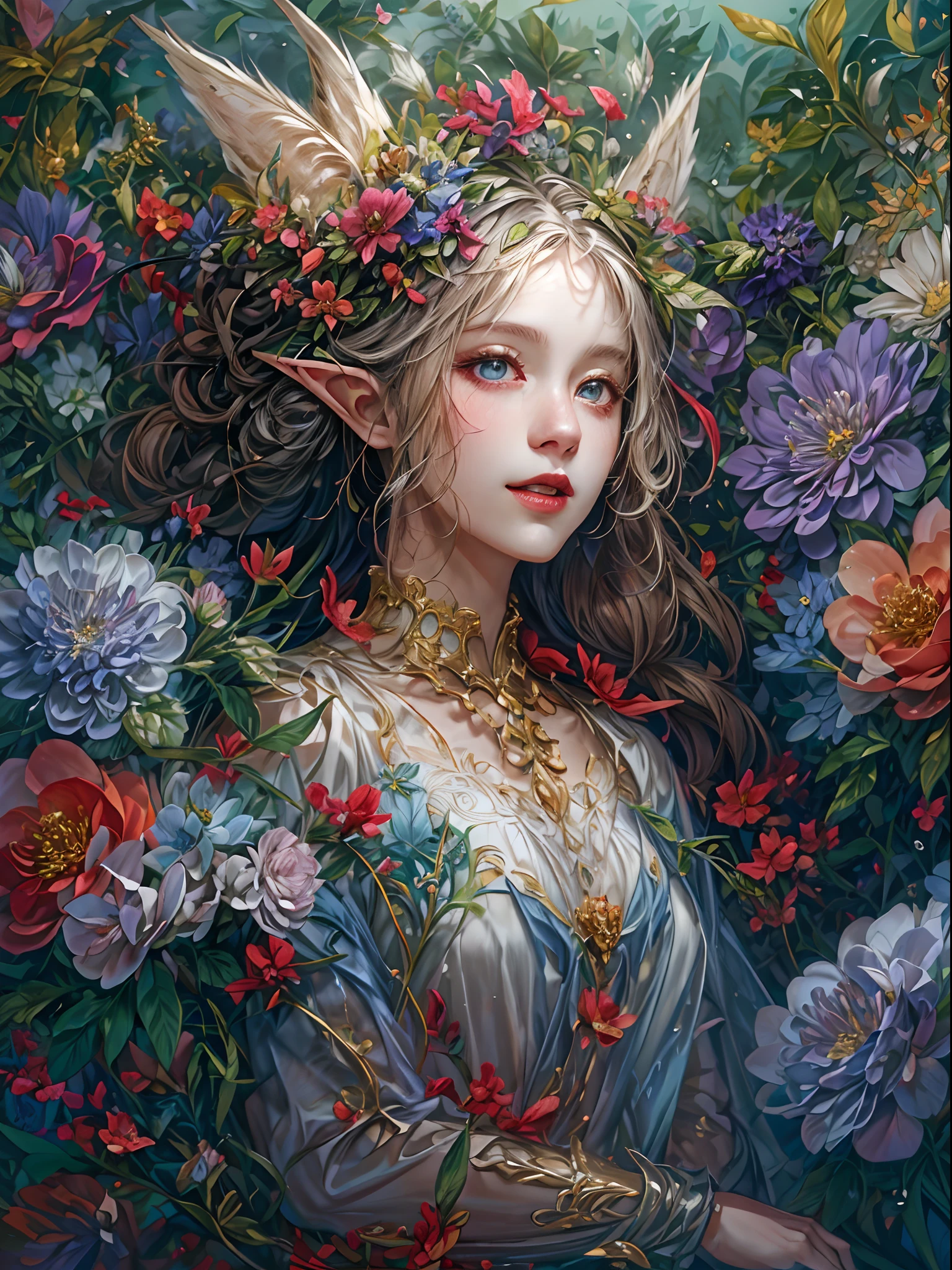 ((tmasterpiece))，Welcome to the fantasy of unknown lands，(A female elf will guide you，anatomy correct，Accurate and perfect face of European and American cartoon girl)，Laugh happily，Beautiful girl with a sense of transparency，beautiful fairie，Small ears，Fly around，kaleidoscopic，Among the thousands of purple and red flowers，(Exquisitehands，Take the magic wand)，European magic style，Magical elements，School of Magic，(digital illustrations，复杂，Uptrend，pastel colour，oil painted，award winning photography，Bokeh，depth of fields，hdr，blooms，color difference，真实感，The is very detailed，trends in art station，CGSociety trends，复杂，high detal，8K)