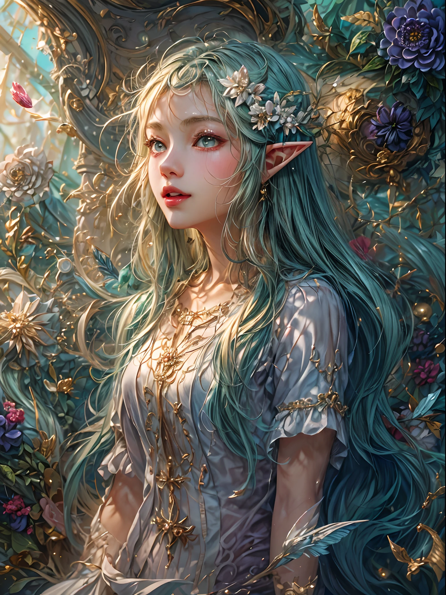 1girl, in a fantasy forest, colored inner hair, crescent earrings, Ghibli-like colours, cinematic lighting, masterpiece, high details, award winning, super detail