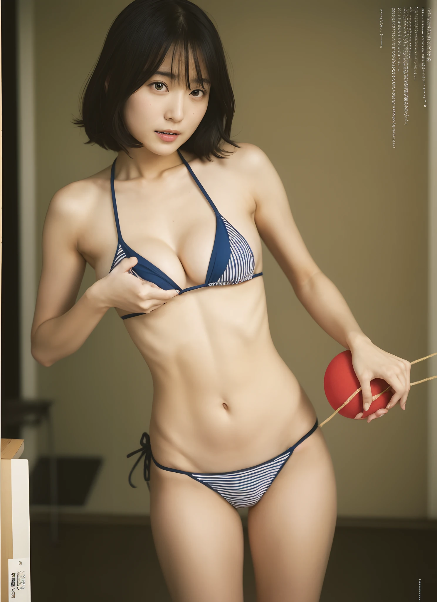 araffe in a bikini and a hat holding a toy, young pretty gravure idol, kimi takemura, yasumoto oka, young gravure idol, young skinny gravure idol, mayuri shiina, realistic young gravure idol, sakimichan, photo of breeze kaze, deayami kojima, shiori teshirogi