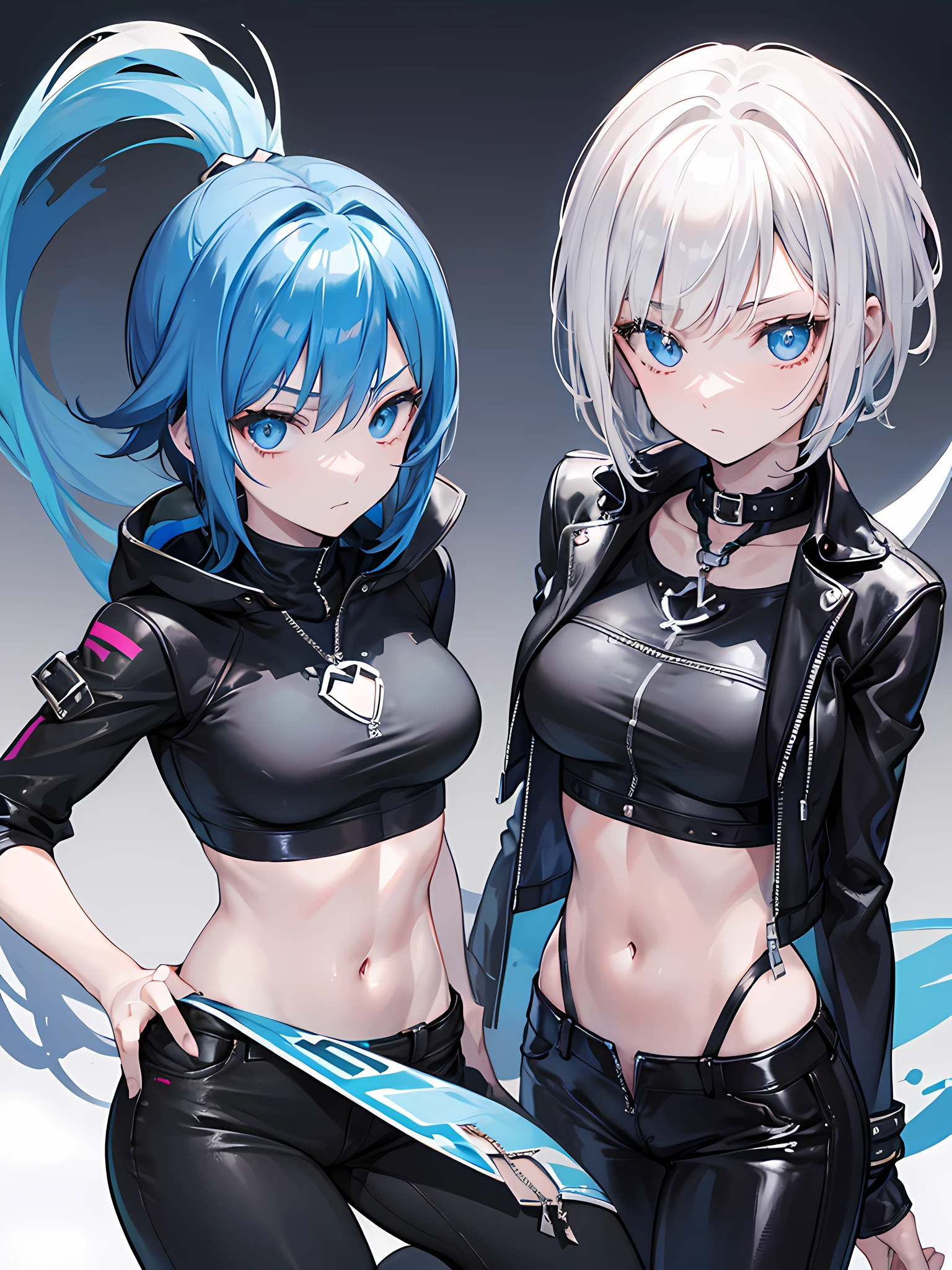 Hair: short hair, angled bob (electric blue)
Eyes colour: black
pale human skin, shark skin is two tone the top is the same colour as her hair and the bottom is light grey, toned physique, normal sized fin on her upper back and short fins on her lower arms, long shark tail from her lower back.
Outfit: open short leather biker jacket, black sports bra accented with pink underneath with a zip in the middle, silver shark medallion necklace, faux leather skinny jeans, black combat boots
